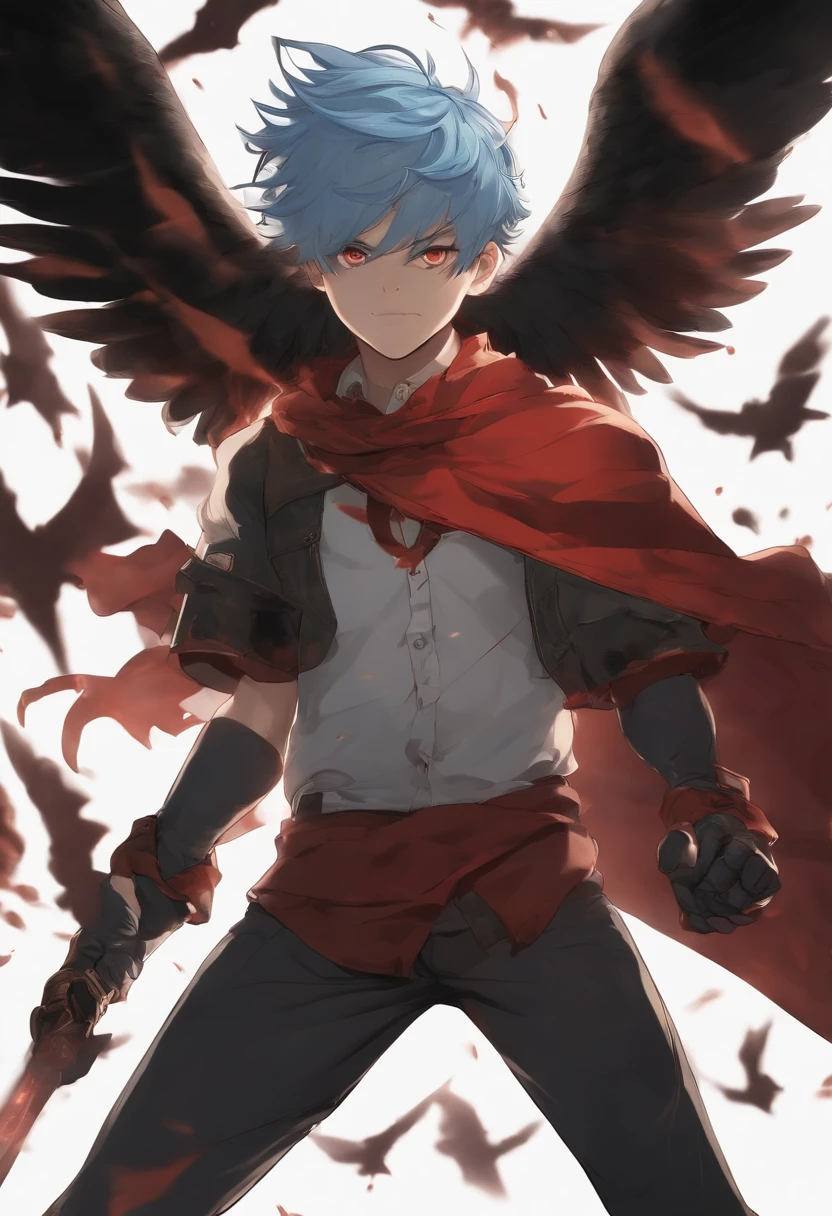 (a detailed picture,high quality,A boy with blue hair, wearing a boy school uniform, with glowing red eyes, and a wise expression, standing in a distorted city. The boy is about 100 years old, and his eyes have a dead, intense stare. He is surrounded by souls and immortals, engaged in an intense fight. The boy seeks revenge with his destructive ability, aiming to exorcise the evil that plagues the city. angry face. exorcist ability. epic battle stance. flying away spirit. covered by smoke. epic background. badass. awaken cursed powers.sweating. big wars. got surrounded by enemy. menacing face. genocide. threatning looking. epic battle. blood. bleed. scars. fight seriously. face covered by blood. no mercy. exhausted. hand in bandage. arrogant face. fatal blow. cursed ability. hideous form. hand covered by bloods. screaming. disturbing background. wearing long pants. body in bandage. crying. tired. burning wings. blood on mouth. last hope. one man army. raining bloods. hairs on fire. warrior. killing instinct. wearing burning scarf. blazing. got badly injured. bloody fight.on the verge of death. gamma ray burst. sky stars.grumble. showing teeth. got surround by enemy. fight on enemy base. boxing stance. punching impact. fierce expression. wearing sneakers. rushing towards enemy. excited for fight. thunder storm. fire breath. running. from a far distance. so many bloods. epic background. brutal. violent. cruel. ruin temple. harsh fight. got so many scars on face. royalty. dynasty. wearing bandana on hand. fantasy. grinned. dashing. using blue fire ability. sea ​​of ​​fire. floating scarf. charging energy. facing powerful enemy. hand full of bloods. dangerous ability.)