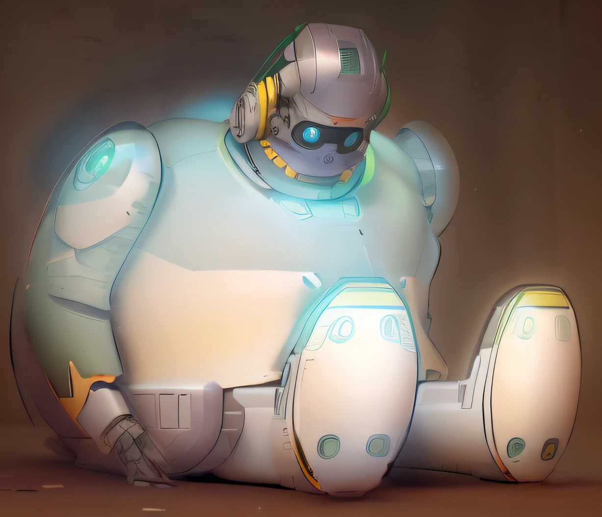 A drawing of a helmeted android sitting on the ground, heavy appearance, Robot-shaped mecha, linearidade espessa, Bender, Futurama, lineart preto espesso, contornos pesados, em estilo de baymax, inspirado em Hanna-Barbera, anthropomorphic robot [ coisa ], sombreamento pesado, cell shaded adult animation, Blob anime, Wearing a green shirt and yellow btas with turbines on the soles of the feet