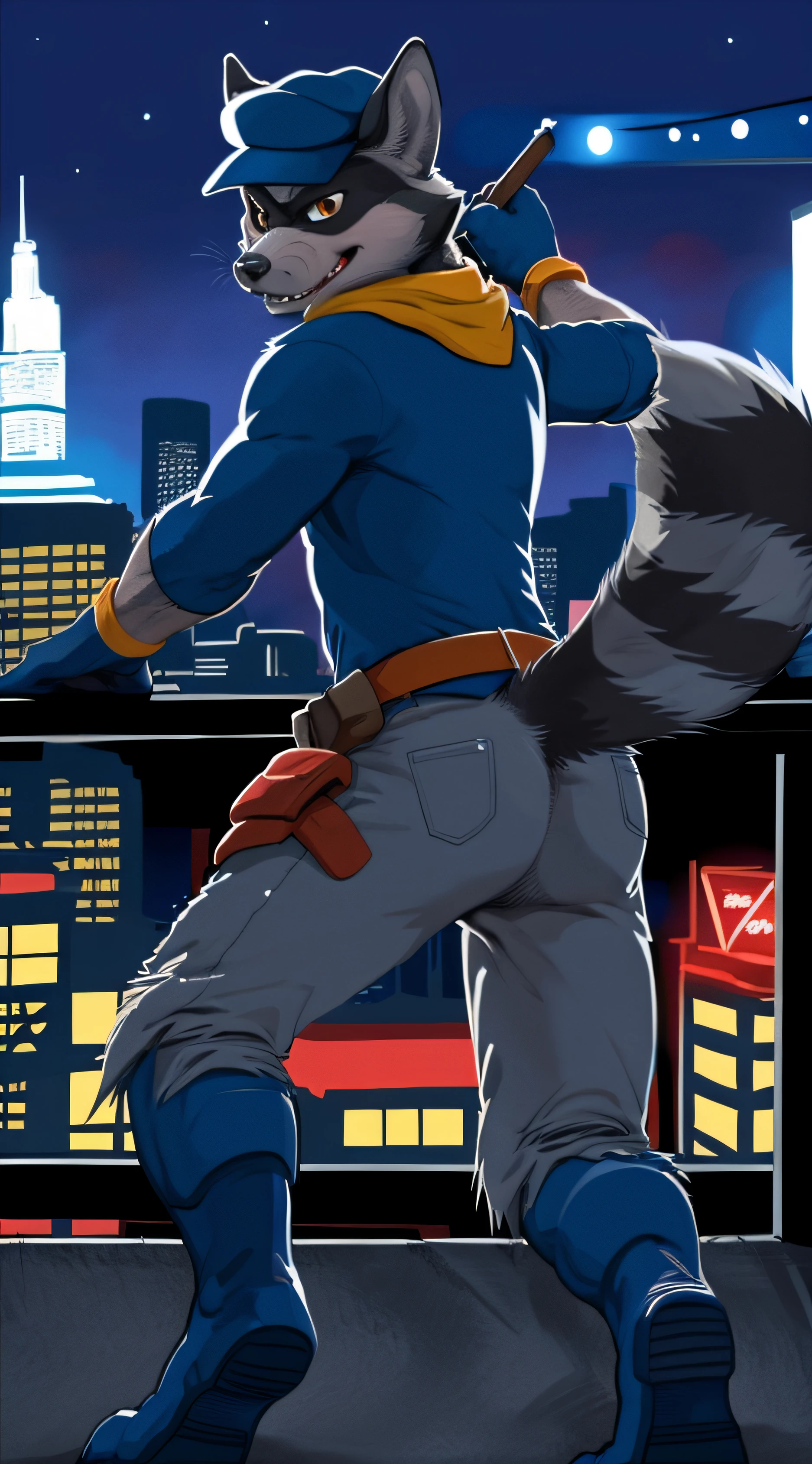 (by spiritd, by negger, by zackary911, by chunie) sly cooper, raccoon, black body, grey fur, grey body, solo, male, two tone fur, two tone tail, claws, amber eyes, headgear, hat, clothed, topwear, blue topwear, bottomwear, jeans, blue gloves, boots, rear view, raised tail, cityscape, city background, neon lights, night, 5 fingers, 4 toes,