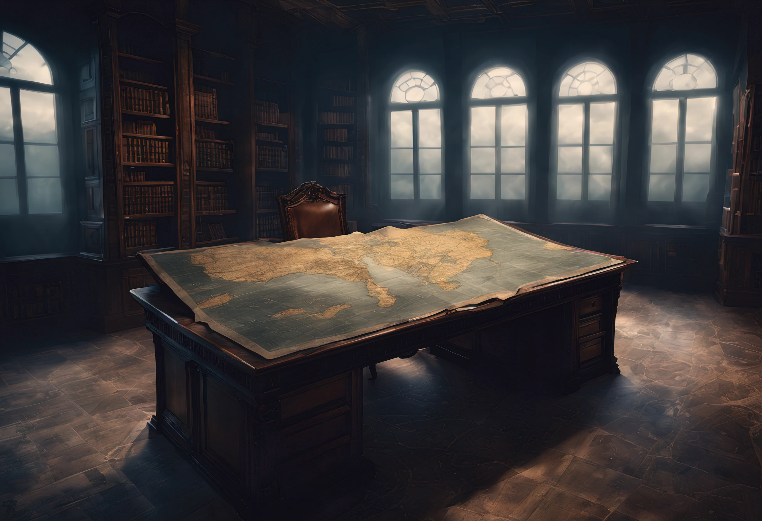 An ancient weathered map of (atlantis) sitting on a dusty black desk in a forgotten library, cobwebs, dramatic, dark, gloomy, shadowy, high quality, imagination, 8k, fantasy art, high saturation (g1g3r)