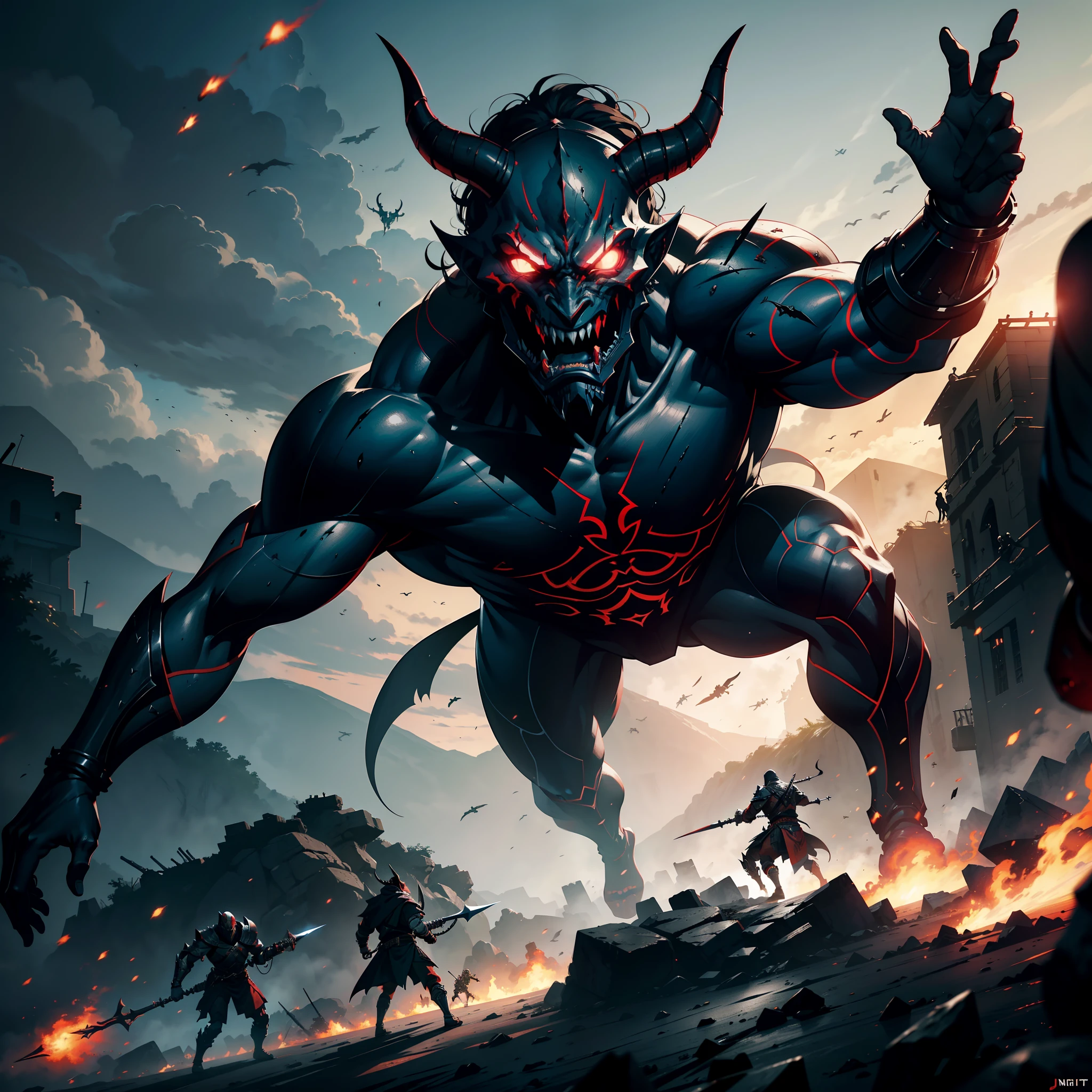 The Devil leading troops armed with jinn into battle Hyper realistic warfare super detailed Dynamic shot masterpiece cinematic scene scenes movie Epic Legendary perspective environment so much Warriors demons
