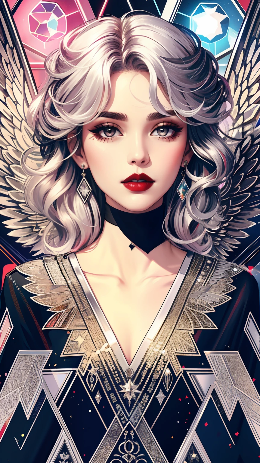 tarot card, Model: long wavy hair, full scarlet dark lips, Smoky eyes, BREAK,, Broken glass, crystals, neon lights, BREAK, Polychromatic geometric patterns,Heart, Arms and legs, BREAK, Accessories: Chrome-plated chains with torn body, Silver Choker, black feathered white black wings, Naked, Topless, naked body,BREAK,on chair, looking forward. tmasterpiece, Masterpiece quality