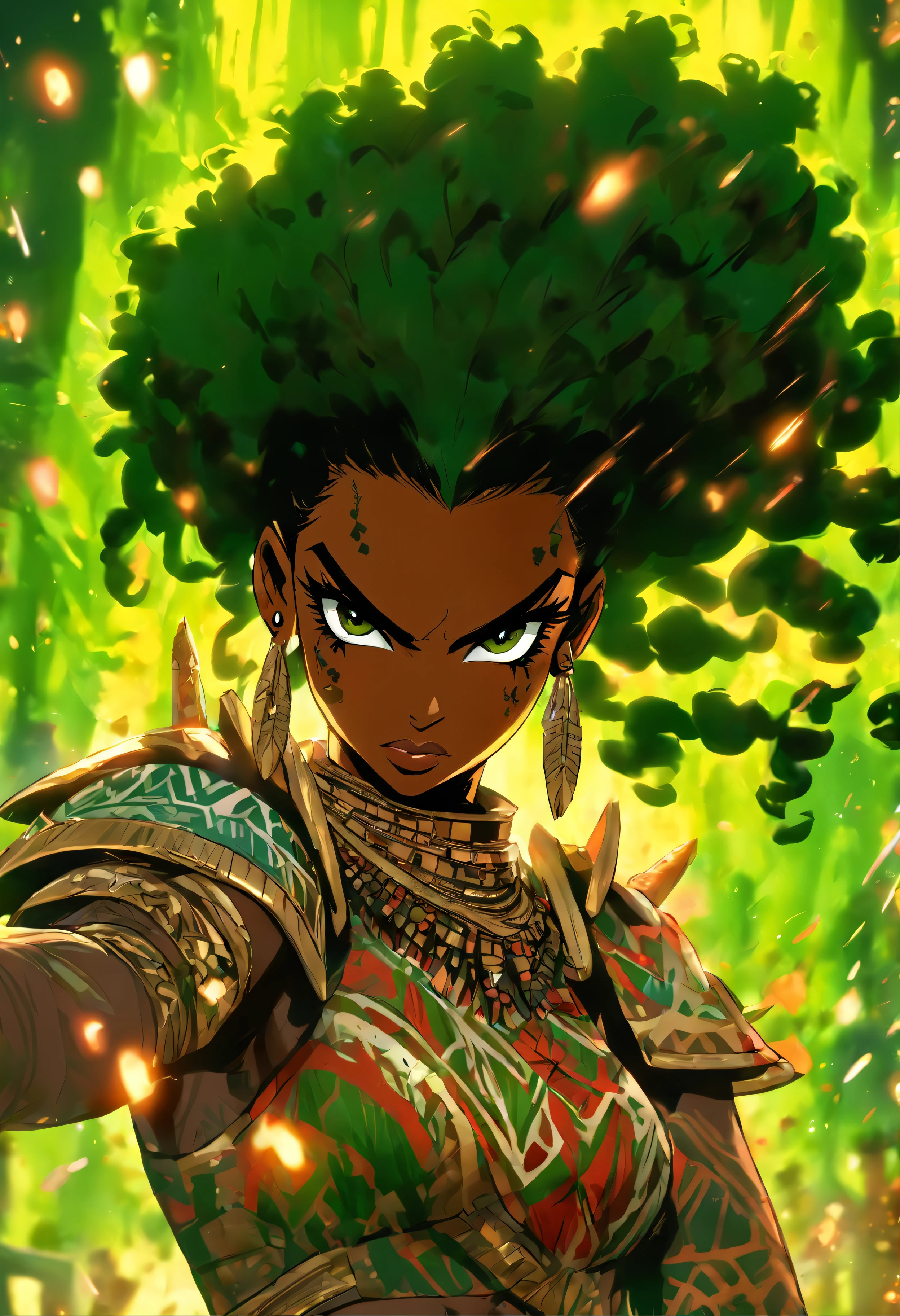 The most beautiful and sexy African warrior princess, black hair, long afro in a blowout hairstyle, green eyes, wearing highly detailed tribal battle armor, wielding a tribal spear, tons of tattoos and piercings, blood splattered, golden flower pedals blowing in the wind, highly detailed background, perfect masterpiece, high quality, high resolution