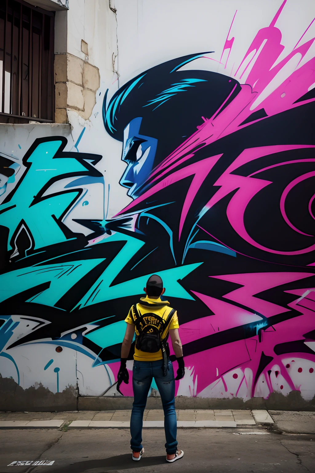 grafiteiro,Back view,wall spraying,cartoon,Caractere detalhado,estilo grafite,cores vibrantes e arrojadas,contraste forte,urban backdrop,textura da parede do tijolo,night ligthning,neon lights,Highly detailed graphite patterns,Influence of street art,Atmosfera misteriosa,hands with gloves holding spray can,dynamic and expressive pose while graffiti,Rosto meio escondido,cabelos curtos,Jeans e roupa com capuz sem estampa,Graphite cans and stencils scattered,Paleta de Cores Brilhantes,impressionante cena de arte de rua,estilo arrojado e ousado,master part:1.2