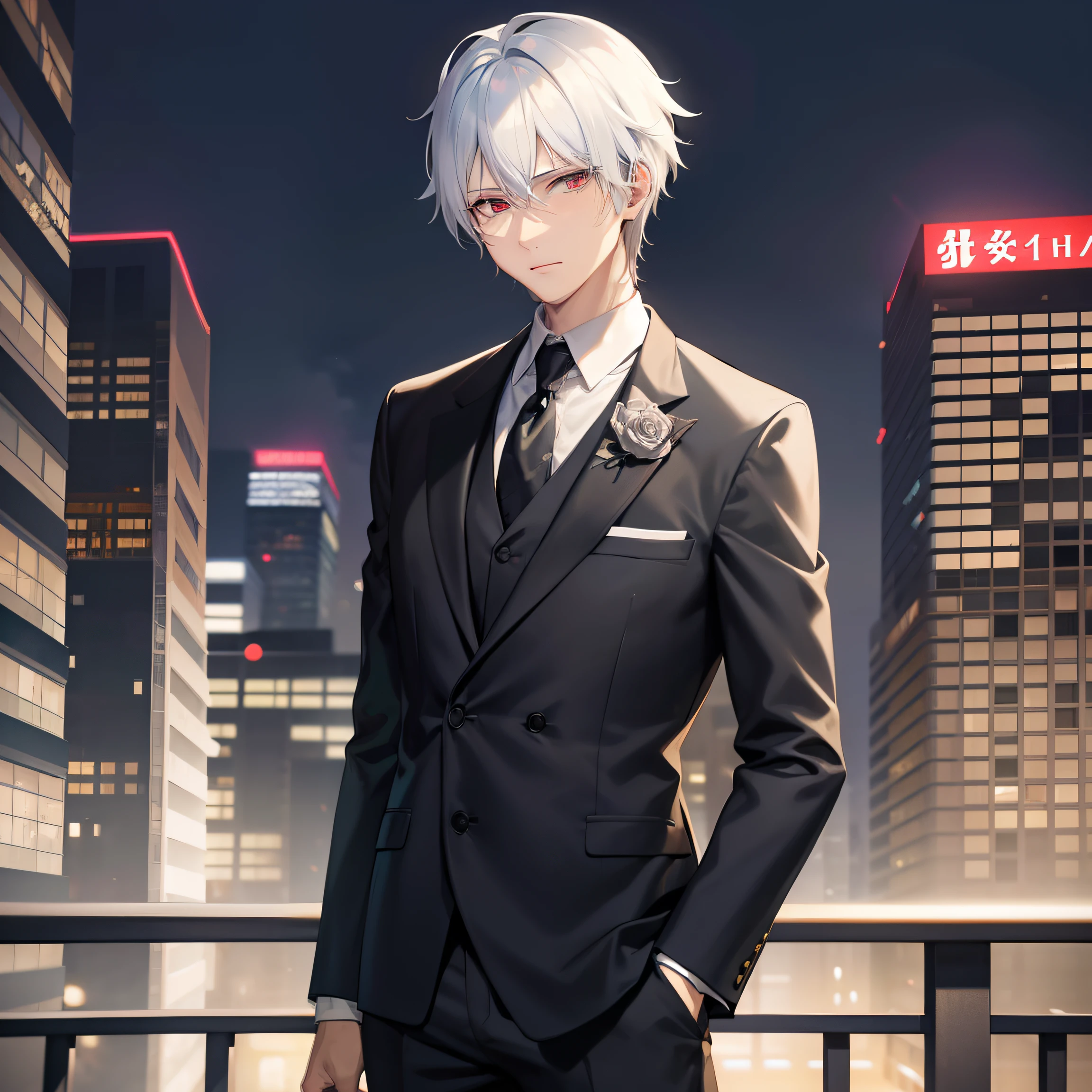 anime guy in a suit and tie standing in a city, white-haired, white haired, handsome anime pose, dapper dream demon, young anime man, anime handsome man, white fox anime, male anime character, a silver haired mad, male anime style, silver haired, Red eyes, crimson eyes.
