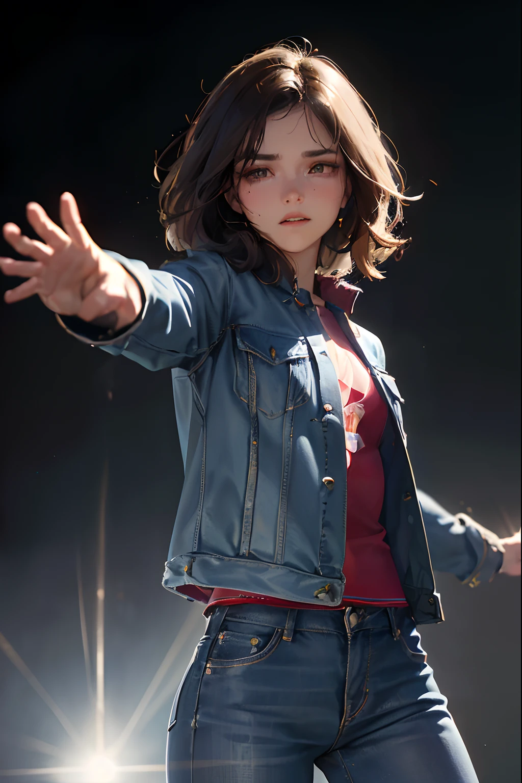 A beautiful woman. Detailed face. Highest quality. A masterpiece. Dark brown hair. He has a combative look on his face. Blue jeans on the jacket. ((A round bullet of light is born in one of his outstretched palms, and he is about to throw it. 8K image quality. A masterpiece.
Negative prompt: EasyNegative