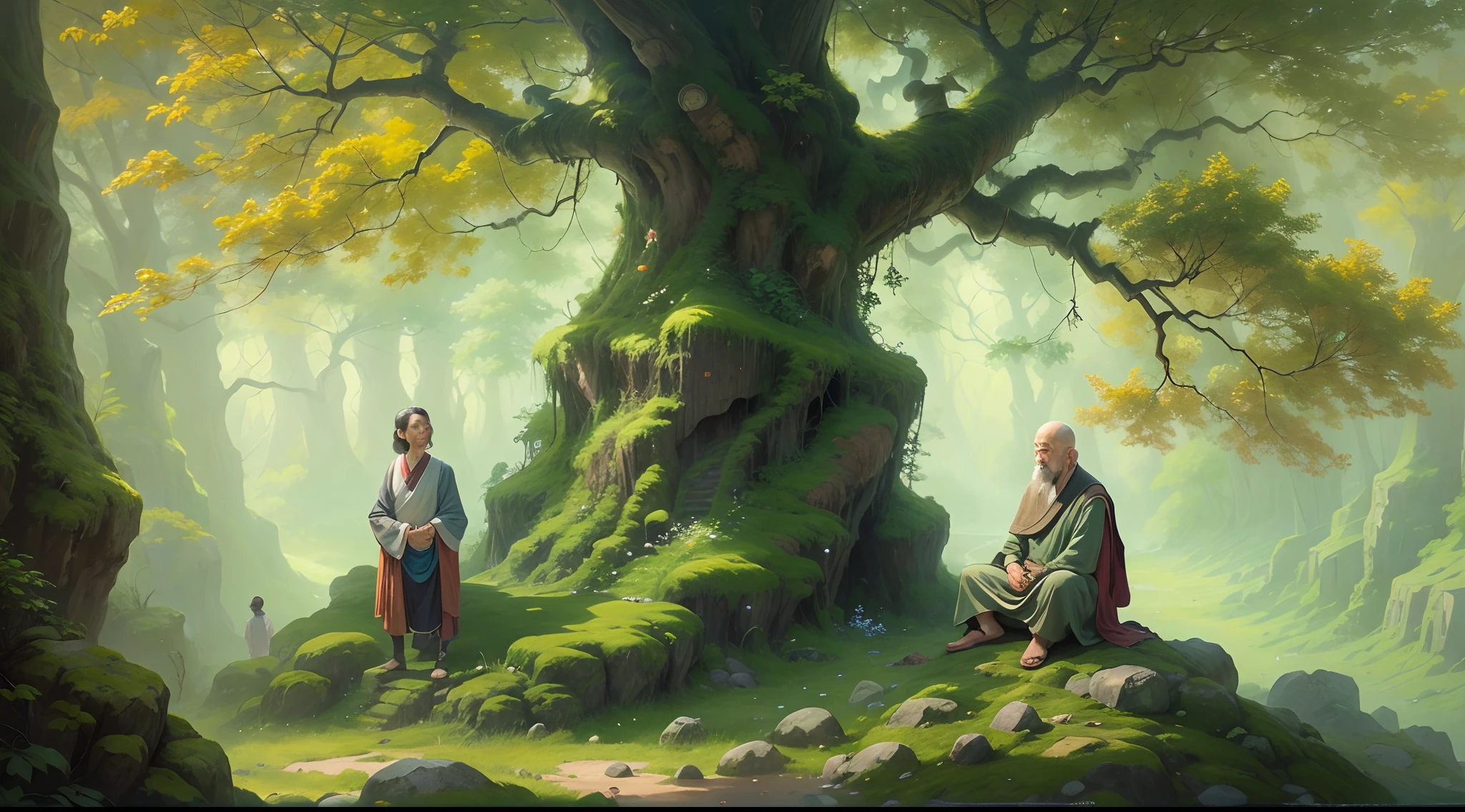 A wise zen master sitting on a big rock with smile faces and his young student standing beside him with curiousity green,nature,forest,sorrounding long tree,Oil painting.
