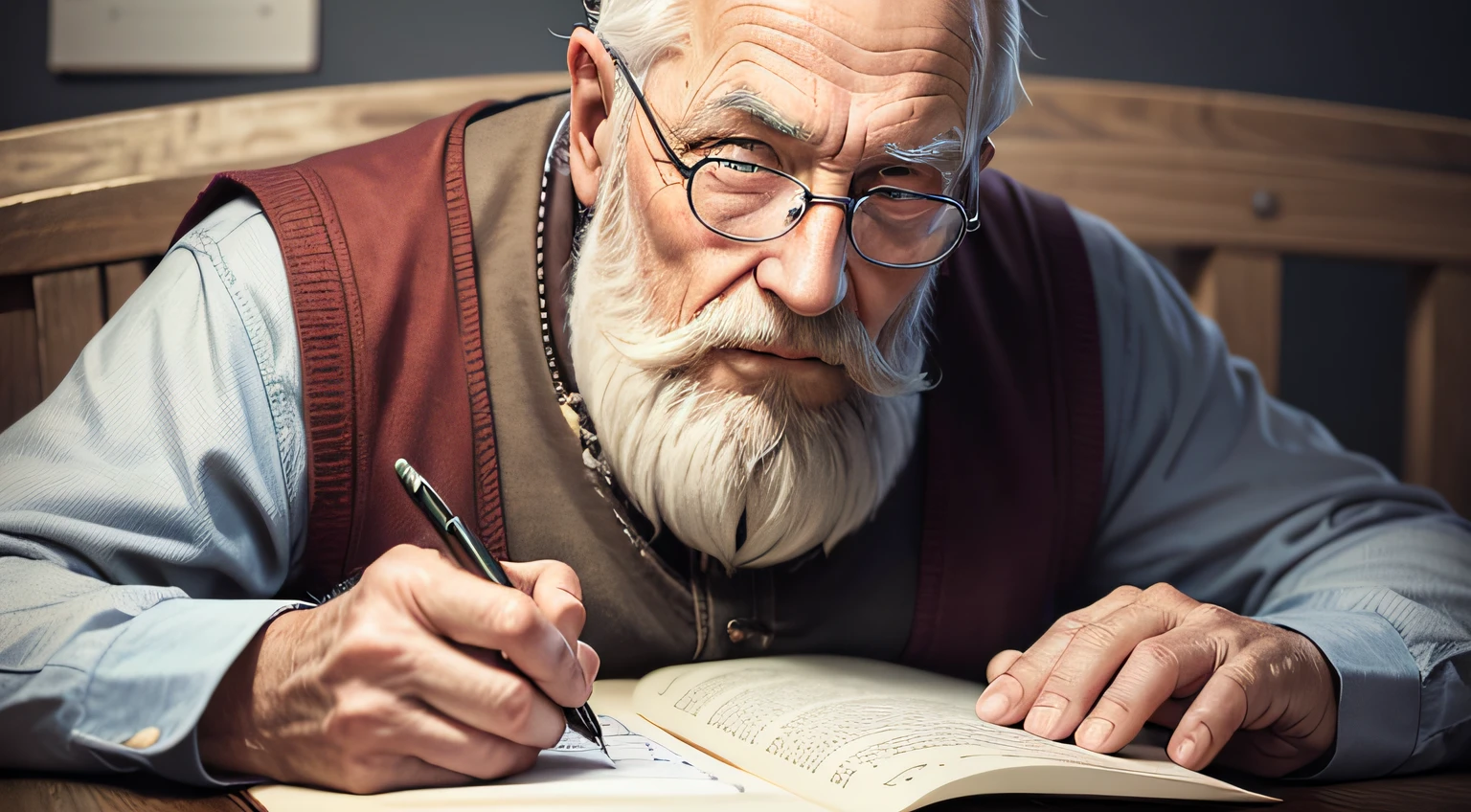 realistic, a wise, bearded old man, sitting, writing in a notebook, wrinkled, aged, with piercing eyes, 4k