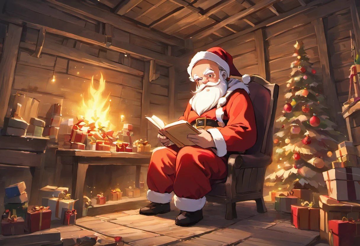 En una casa de estilo europeo,Santa Claus is looking at the gift list,Christmas tree gift decoration, santa, cada,Petirrojo,Christmas elements,Estilo europeo,The floor is full of Christmas gifts,Very high resolution, Arte tradicional, Estudio Santa Claus, ultrahigh resolution, 插圖, Noche de Navidad, extremely high resolution, Santa Claus in a rural barn, Hyper Realisitc,exquisito、Mejor calidad、Ultra detallado、fin、Detalles de posicionamiento、Colorido colorido