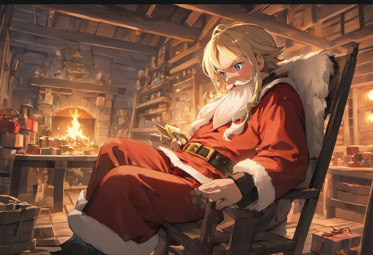 En una casa de estilo europeo，Santa Claus is looking at the gift list，Christmas tree gift decoration, santa, cada，Petirrojo，Christmas elements，Estilo europeo，The floor is full of Christmas gifts，Very high resolution, Arte tradicional, Estudio Santa Claus, ultrahigh resolution, 插圖, Noche de Navidad, extremely high resolution, Santa Claus in a rural barn, Hyper Realisitc，exquisito、Mejor calidad、Ultra detallado、fin、Detalles de posicionamiento、Colorido colorido