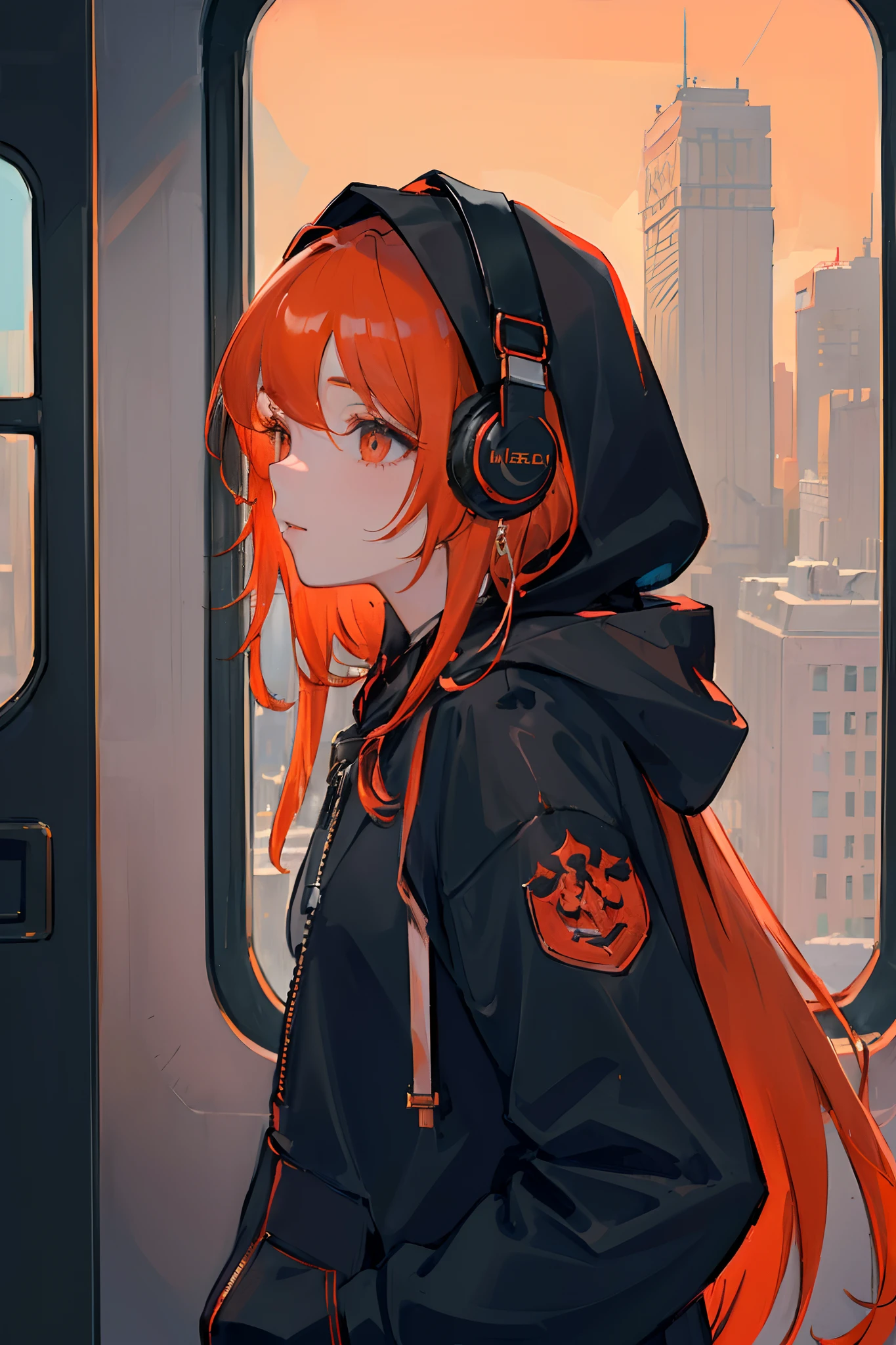 (masterpiece, sidelighting, ultra-detailed, finely detailed beautiful eyes: 1.2), 1girl, bag, building, from side, headphones, hood, hood down, hooded jacket, hoodie, jacket, long hair, orange hair, profile, red hair, solo, train, train interior, upper body, Masterpiece, best quality