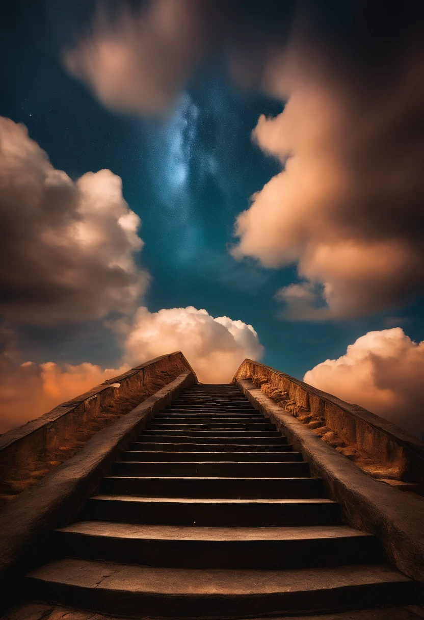 Um homem sobe as escadas para as nuvens, Stairs from Earth to Heaven, paisagem celestial, Travel through the sky, Portal para o ceu,