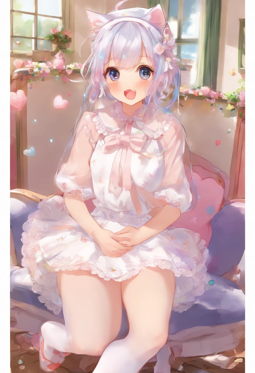 1girl, (chibi, toddler, 6yo:1.5), masterpiece, best quality, very aesthetic, perfect anatomy, 8k, dynamic pose, dynamic angle, no lineart, A high-quality, highly detailed, and textured anime illustration featuring a very small silver cat girl. She has silver twintail, silver cat ears, a silver cat tail, and large brown eyes. (She is wearing a white pinafore dress with multiple layers of frills, white panty:1.2), Her hair is adorned with a pink ribbon. She is siting on bed in bright bedroom, The scene is filled with vibrant colors and a cheerful atmosphere.Multiple layers of ruffles, Lace fabric, Very textured costumes, Lots of frills, Massive amounts of frills and lace, (sitting, barefoot, show off panty, pantyshot, knees to chest, Hugging own legs:1.3), smile, (choker, collar:1.2)