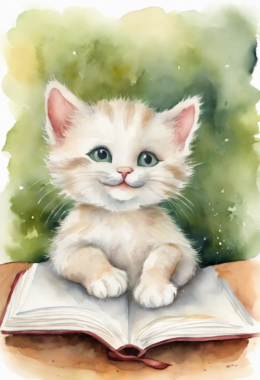 childrens book illustration:white backgrounid, peekaboo, Cat, Hiding his face with both hands, a smile