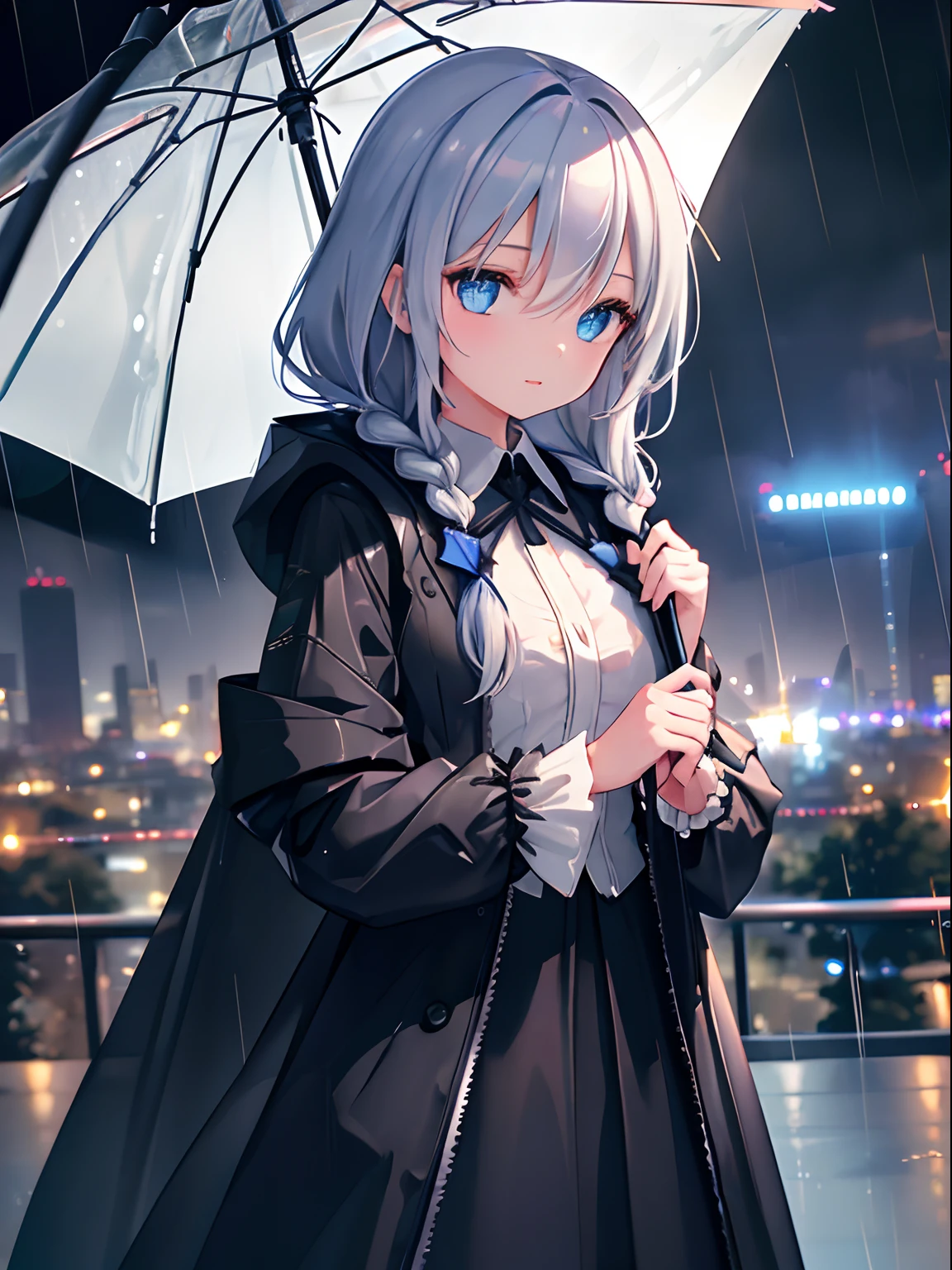 (masterpiece:1.21), (best quality:1.331), (ultra-detailed), (extremely best illustration), ((amazing)), (hyper quality), gorgeous and rich graphics, (extremely beautiful and beautiful:1.21), 8k, wallpaper, (beautiful lighting), bright light, detailed composition, ( Perfect Composition), (Extremely Beautiful Detailed Background: 1.21), Rembrandt Style Light and Shadow Expression, Dark Tones, (Low Key and High Variance Color Scale), ((Depth of Field)), Deep Shadows, Dynamic Angles, Radial Blur, Rain, Clear Raindrops (City Lights, Blurred Background), (1girl), No Umbrella, In the Rain (Beautiful Detailed Eyes), Clear Blue Eyes, Long Silver French Braids, Camouflage Suit, Transparent Raincoat, Wet Clothes, Wet Skin and Wet Hair, Lens Hare, Crosslight, Street, Masterpiece , the best quality,