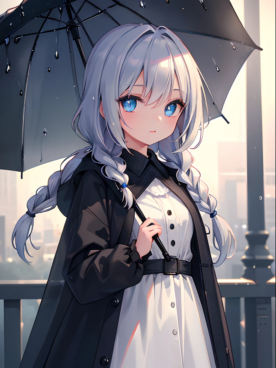 (masterpiece:1.21), (best quality:1.331), (ultra-detailed), (extremely best illustration), ((amazing)), (hyper quality), gorgeous and rich graphics, (extremely beautiful and beautiful:1.21), 8k, wallpaper, (beautiful lighting), bright light, detailed composition, ( Perfect Composition), (Extremely Beautiful Detailed Background: 1.21), Rembrandt Style Light and Shadow Expression, Dark Tones, (Low Key and High Variance Color Scale), ((Depth of Field)), Deep Shadows, Dynamic Angles, Radial Blur, Rain, Clear Raindrops (City Lights, Blurred Background), (1girl), No Umbrella, In the Rain (Beautiful Detailed Eyes), Clear Blue Eyes, Long Silver French Braids, Camouflage Suit, Transparent Raincoat, Wet Clothes, Wet Skin and Wet Hair, Lens Hare, Crosslight, Street, Masterpiece , the best quality,