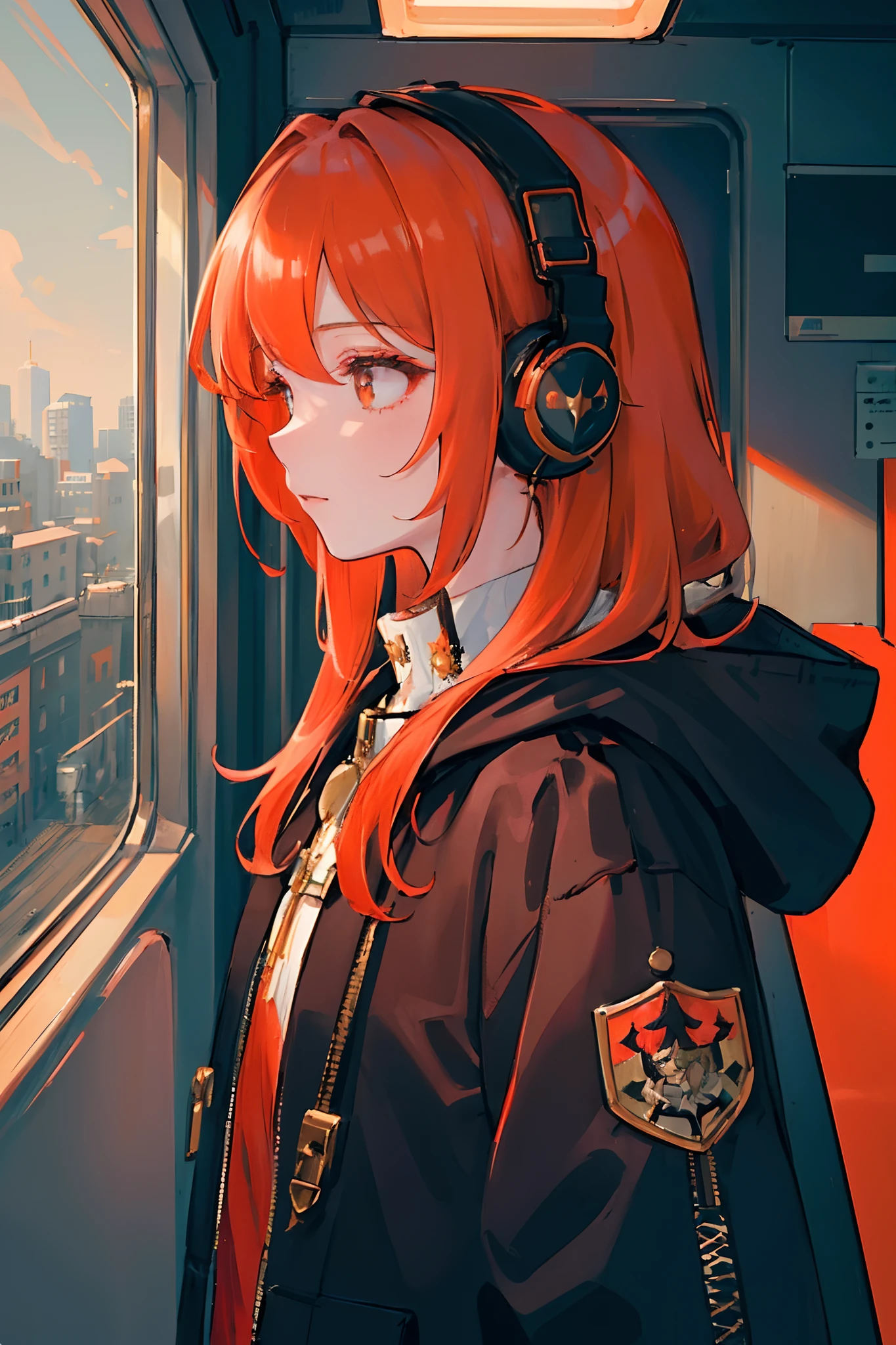 (masterpiece, sidelighting, ultra-detailed, finely detailed beautiful eyes: 1.2), 1girl, bag, building, from side, headphones, hood, hood down, hooded jacket, hoodie, jacket, long hair, orange hair, profile, red hair, solo, train, train interior, upper body, Masterpiece, best quality