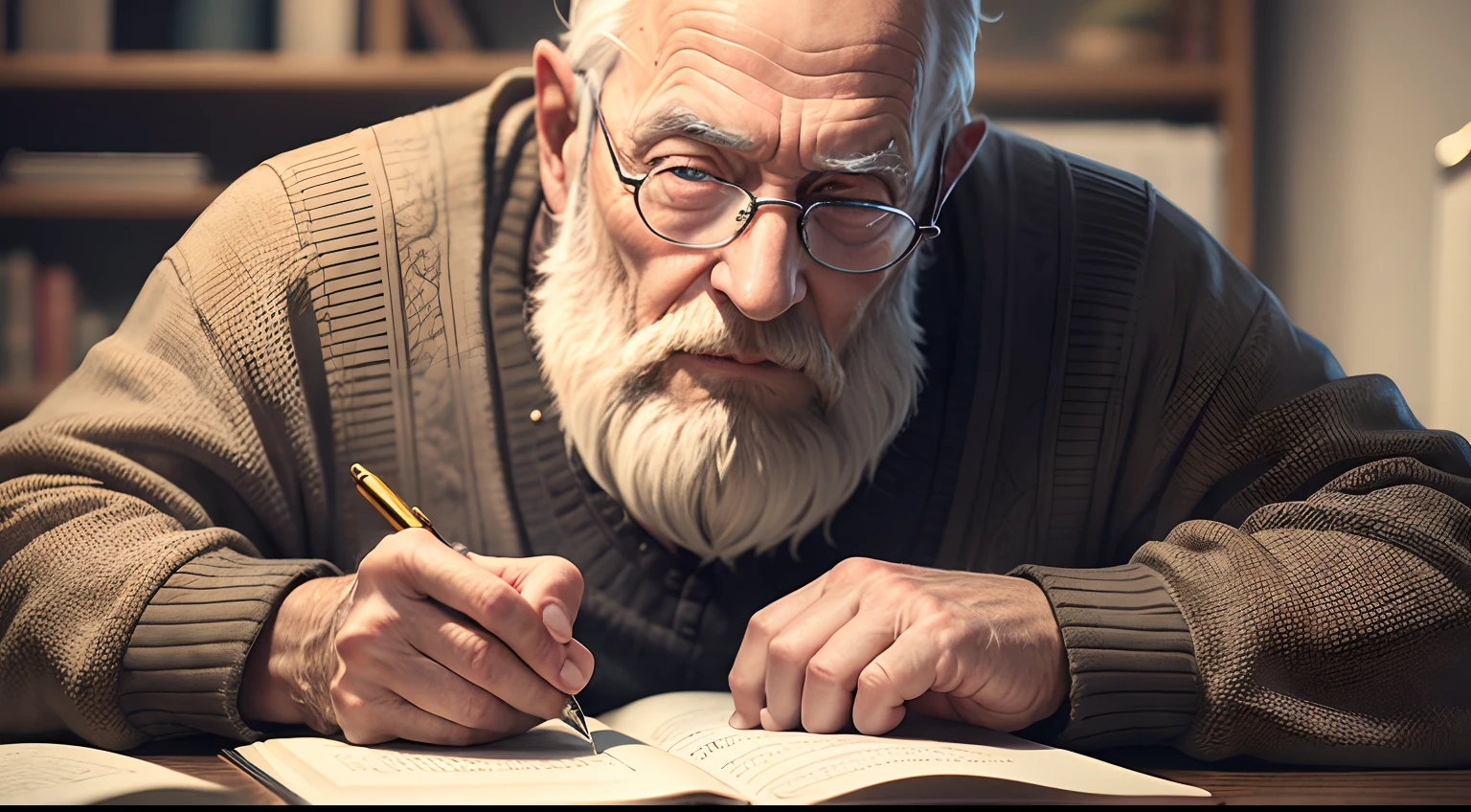 realistic, a wise, bearded old man, sitting, writing in a notebook, wrinkled, aged, with piercing eyes, 4k