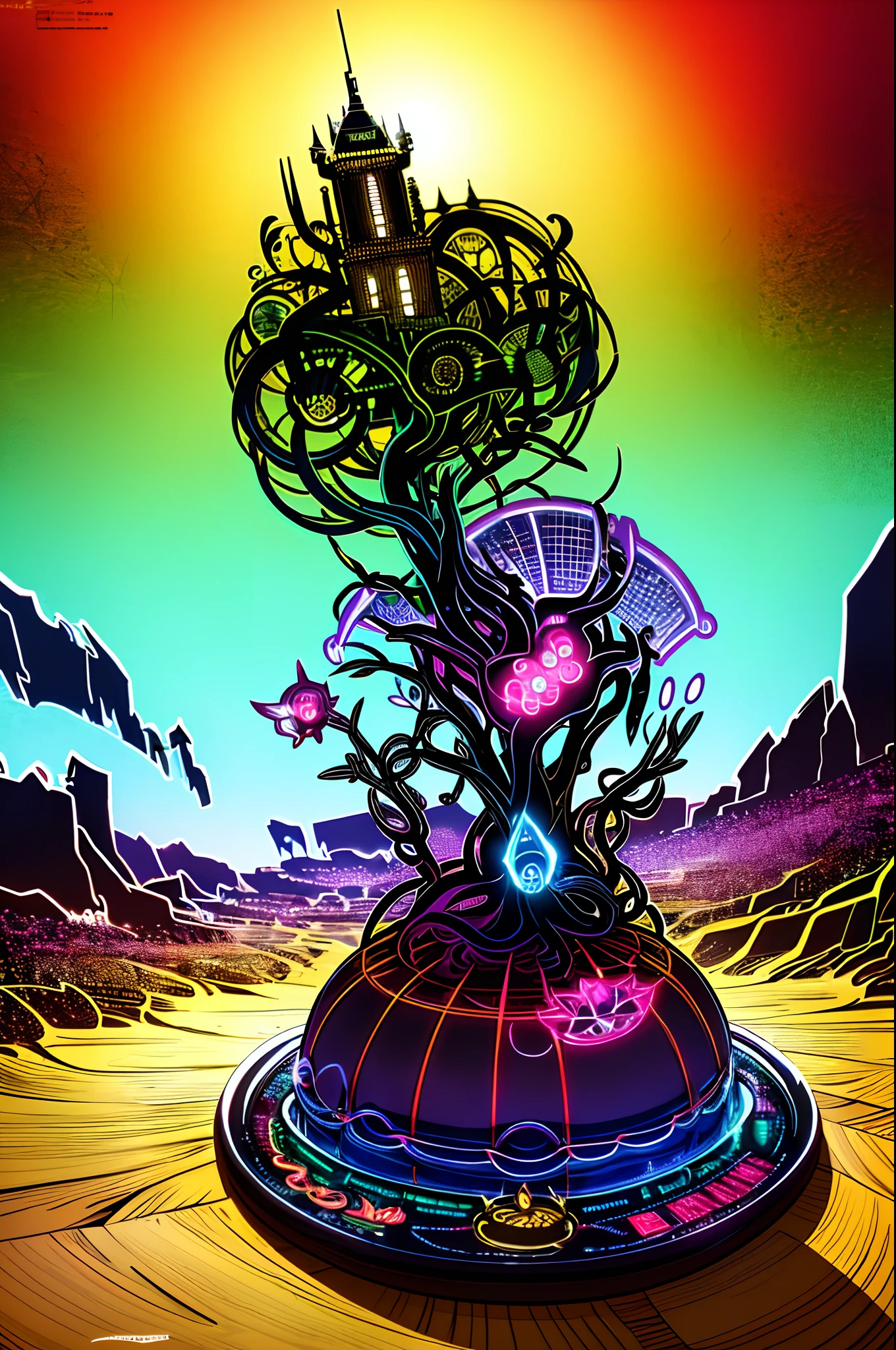 In a surreal fairy landscape, a cake is the central subject illuminated by the warm glow of the sun. The cake is colorful and has intricate details, featuring bizarre and funny elements. It is made of futuristic materials and has a cybernetic theme, combining both organic and mechanized components. The cake is surrounded by a surreal atmosphere, with a gritty and atmospheric feel. The landscape is filled with strange and surreal elements, creating a surreal and dreamlike scene. The colors of the cake are vibrant and vivid, contrasting with the moody and stylized background. The lighting is cinematic, creating a dramatic and eerie ambiance. This prompt aims to capture the imagination of the viewers and evoke a sense of wonder and curiosity.