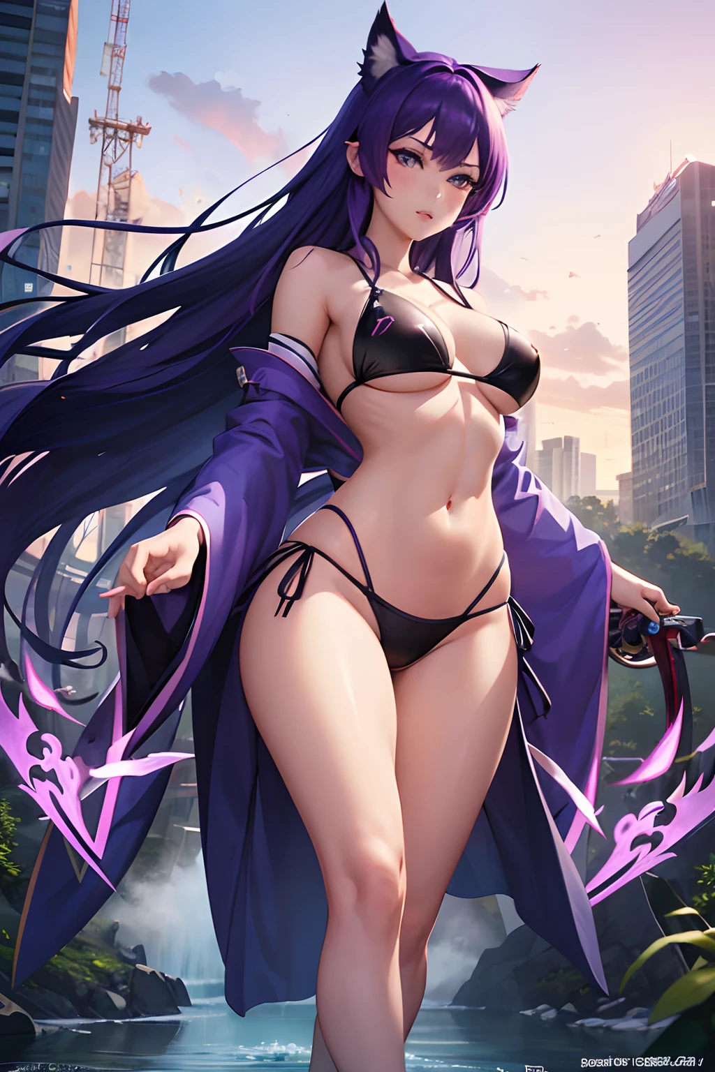 anime girl with purple hair and blue eyes in a bikini, long beautiful flowing kimono, hextech, 🐎🍑, no watermark signature, thick and dense vines, kai'sa, morgana, bending over, fox, cd, wukong, fubuki, leaking, wrapped, jaeyeon nam, 1 9 th, catapult, 100,masterpiece, best quality, ultra-detailed, illustration, epic lighting, cinematic composition, hair detail, isometric, 1girl, solo