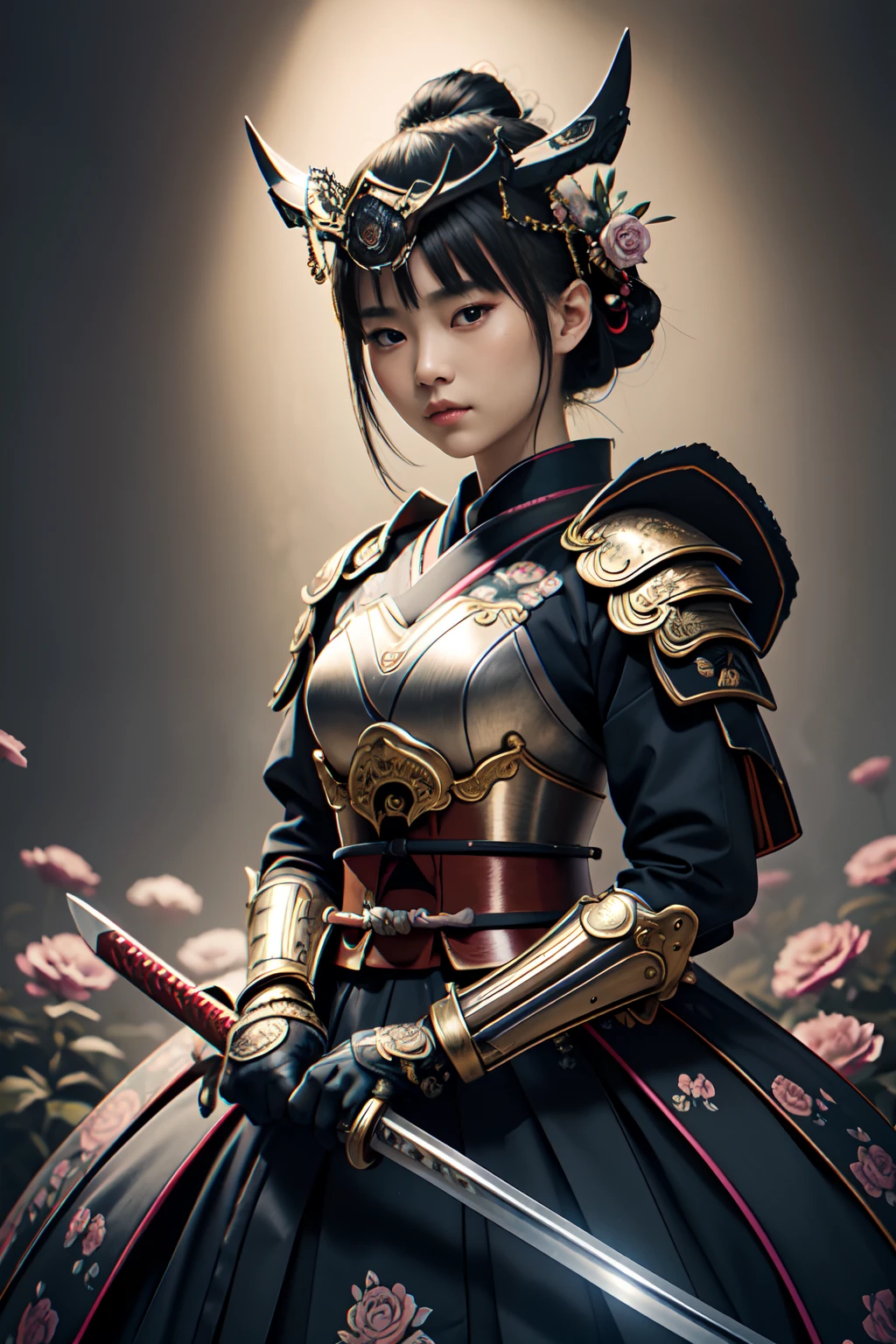 stunningly detailed absurdly adorable lady illustration, petite, arms behind back, tightly grip a katana, open stance, gig eyes, glow smoke eyes, classical samurai armor and gauntlet, samurai helm, hauntingly beautiful flower garden background, beautiful detail glow, (every detail captured texture:1.1), extremely insane detail, exquisite detail, insane details, divine possession water coloring, extremely elaborate detail, amazing background detail, intricate surface detail, (impeccable quality:1.1), highest quality, highly quality, best quality, hyper realistic, (style of silkscreen:1.2),