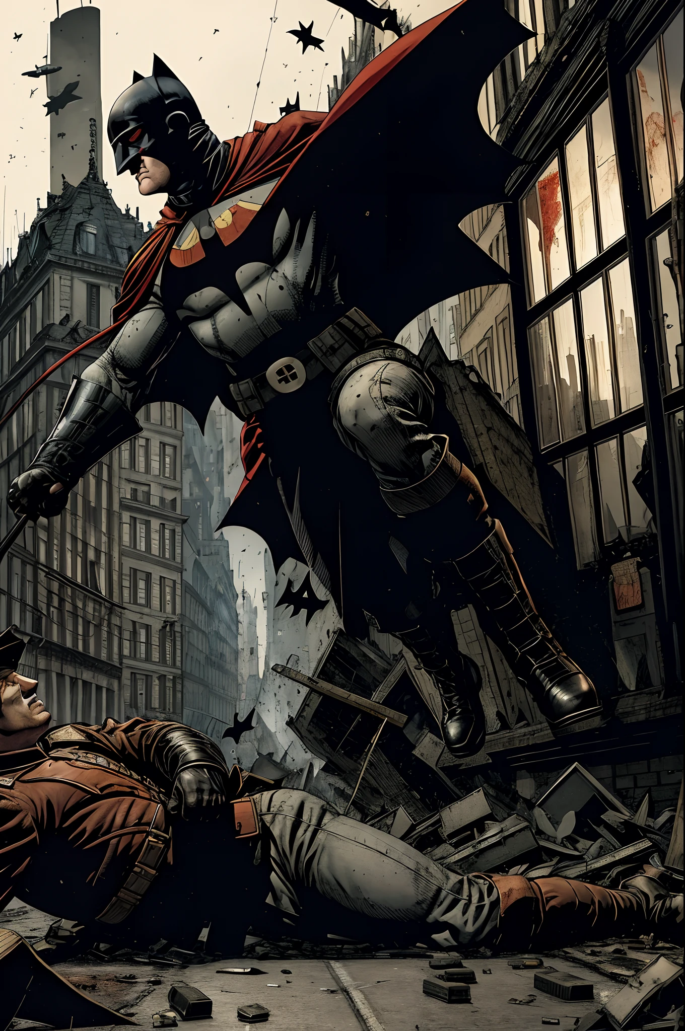 Hitler "German General of the First World War" levanta-se dos mortos, Bombas dropped from planes destroy the streets of Gotham, The streets are littered with blood and human dead in pieces on the floor and in the windows, BATMAN rushes to help the survivors before Hitler stops him again