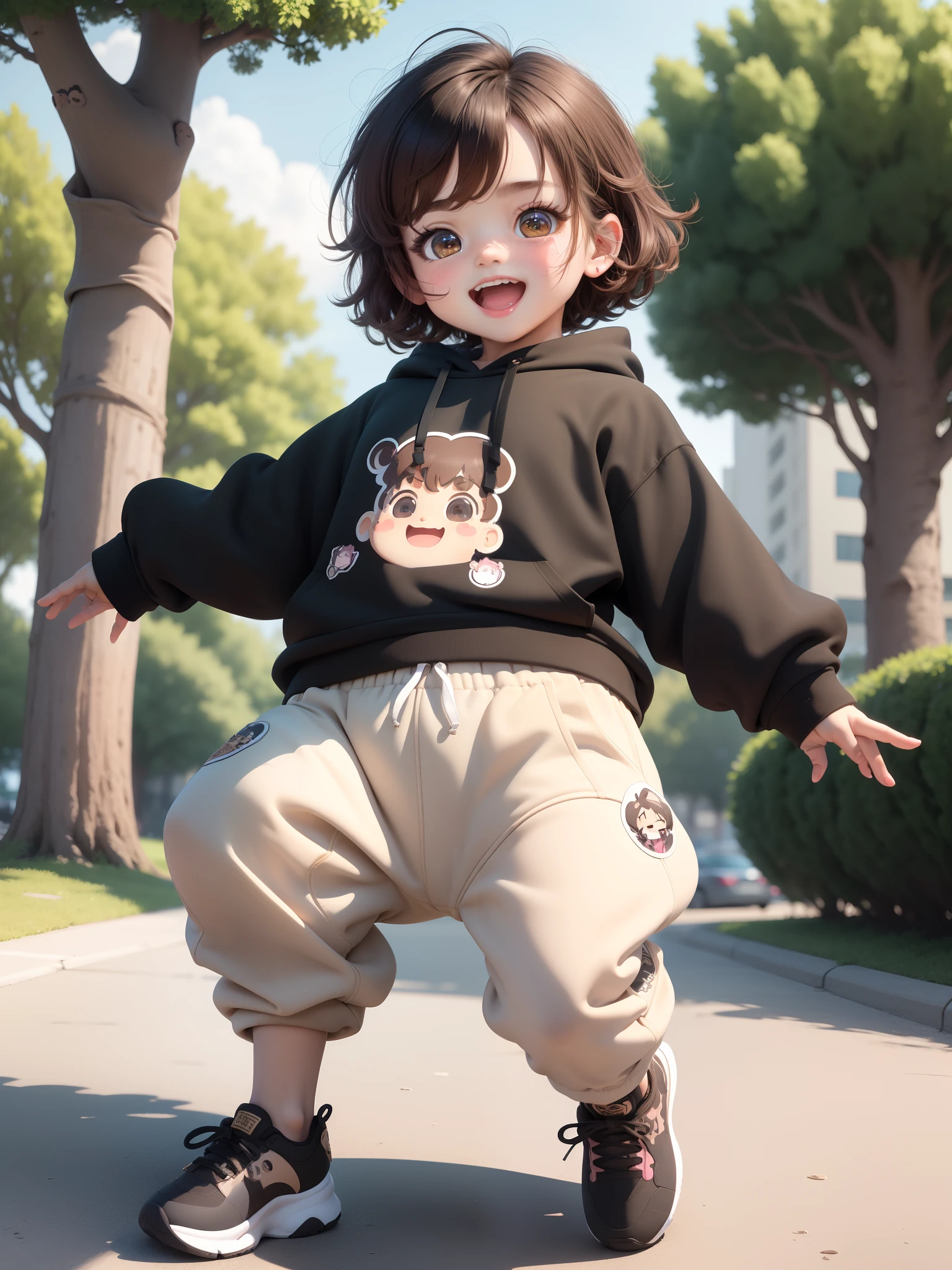 (masterpiece),(best quality),(ultra-detailed), (full body:1.2), a boy, chibi, cute, smile, open mouth, outdoors, dancing, dancing hip hop, jumping pose, hoodie, blush, tree, :3, shirt, short hair, brown hair, blush stripes stickers, long sleeves, black hair, sneakers, pants, (beautiful detailed face), (beautiful detailed eyes),
