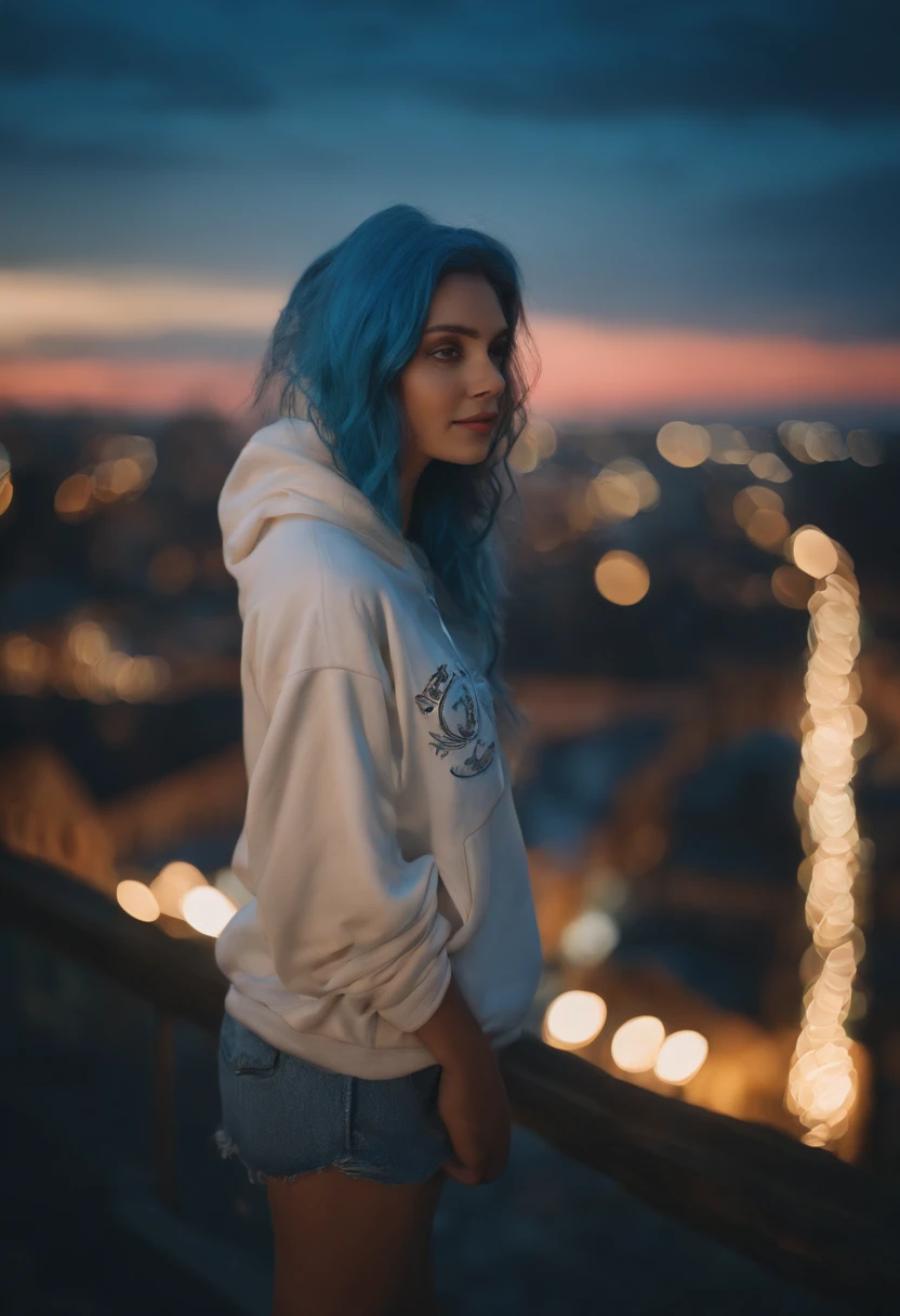 "Image quality: 8K (Best quality scales: 1.2), Artistic style: Realistic, Realistic factor: 1.37, Clarity: hyper HD, subject:1 girl flying over stunning cityscapes ,Hoodie,Blue hair, neon color shooting stars, Very long hair, cropped shoulders, feathers hair ornament, Neon colors, twinkle, stunning night sky,  girl (16 yearble features: Pleasant smile, Closed mouth, Exquisite details, Cute nose, composition: full bodyesbian, damp hair, context: In the huge Dalsefo,, Attire: Snow white T-shirt, The wings of the angel are very detailed