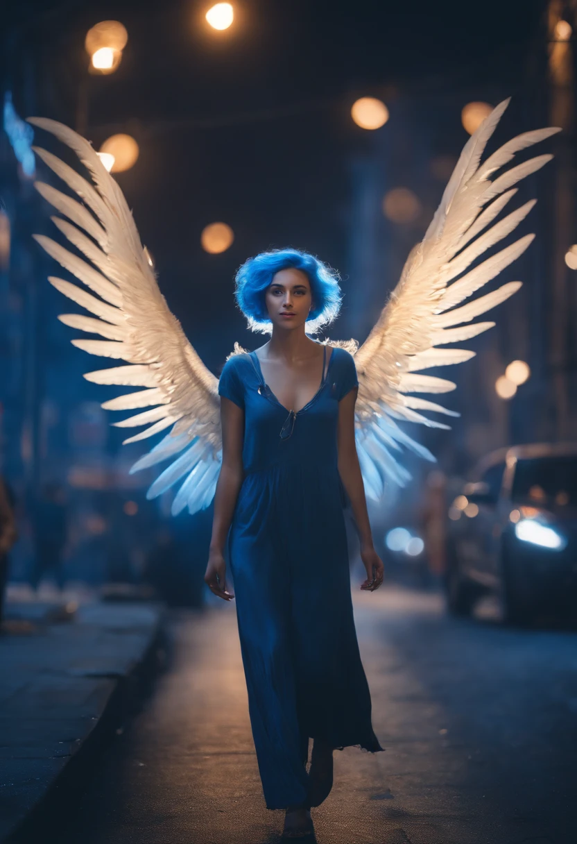 "Image quality: 8K (Best quality scales: 1.2), Artistic style: Realistic, Realistic factor: 1.37, Clarity: hyper HD, subject:1 girl flying over stunning cityscapes ,Hoodie,Blue hair, neon color shooting stars, Very long hair, cropped shoulders, feathers hair ornament, Neon colors, twinkle, stunning night sky, age girl (16 yotable features: Pleasant smile, Closed mouth, Exquisite details, Cute nose, composition: full bodyesbian, damp hair, context: In the huge Dalsefo,, Attire: Snow white T-shirt, The wings of the angel are very detailed