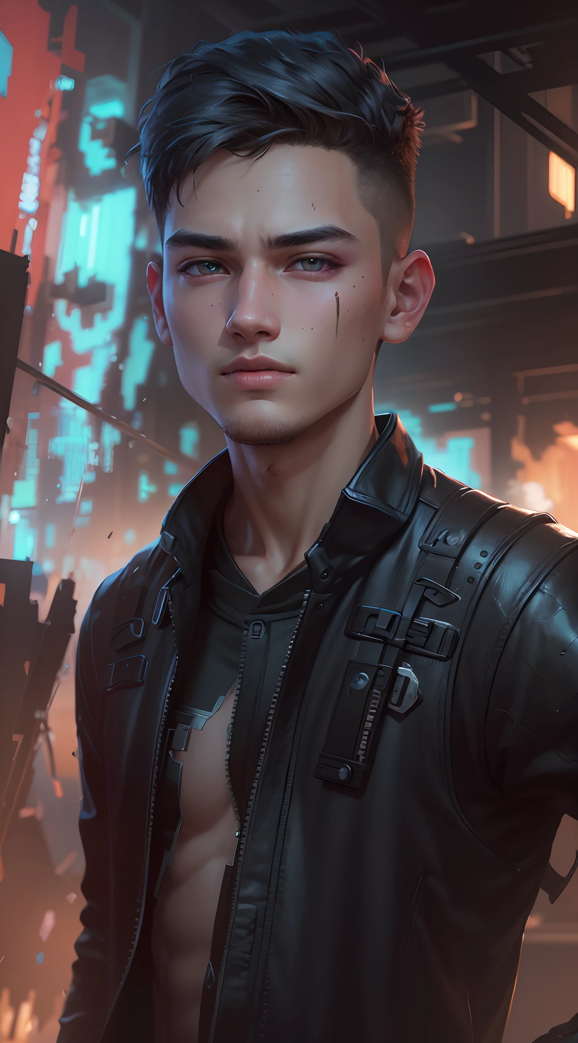 ((best quality))) (((HD))) (((8k))) (character) 20-year-old boy, Highly detailed facial and skin texture, A detailed eye, change background cyberpunk, nice colour