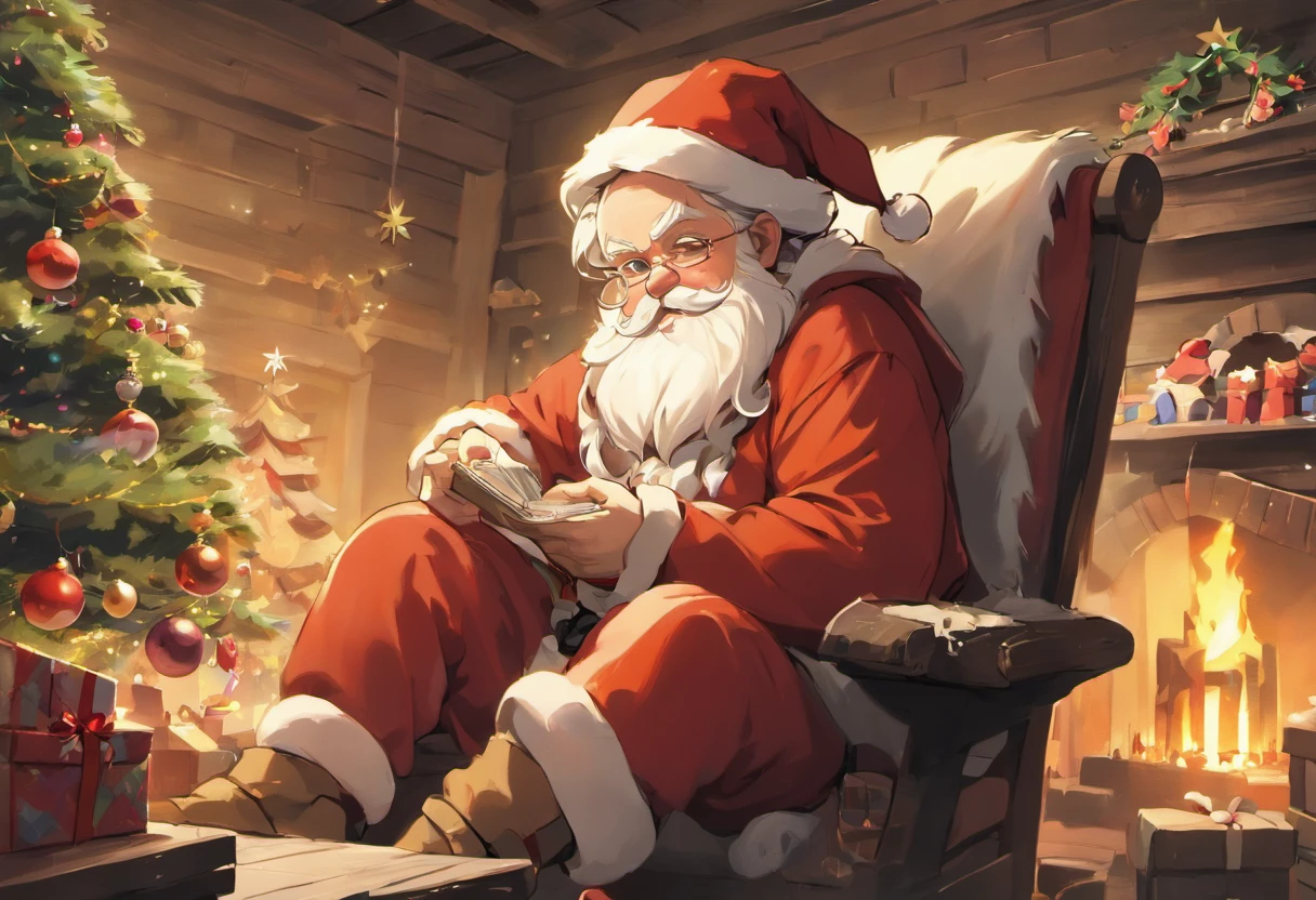 En una casa de estilo europeo，Santa Claus is looking at the gift list，Christmas Tree Gift Decoration, santa, cada，Petirrojo，Christmas elements，Estilo europeo，The flat is full of Christmas gifts，Very high resolution, arte tradicional, Estudio Santa Claus, ultrahigh resolution, 插圖, Noche de Navidad, extremely high resolution, Santa Claus en un granero rural, Hyper Realisitc，exquisito、mejor calidad、ultra detallado、fin、Detalles de posicionamiento、Colorido colorido