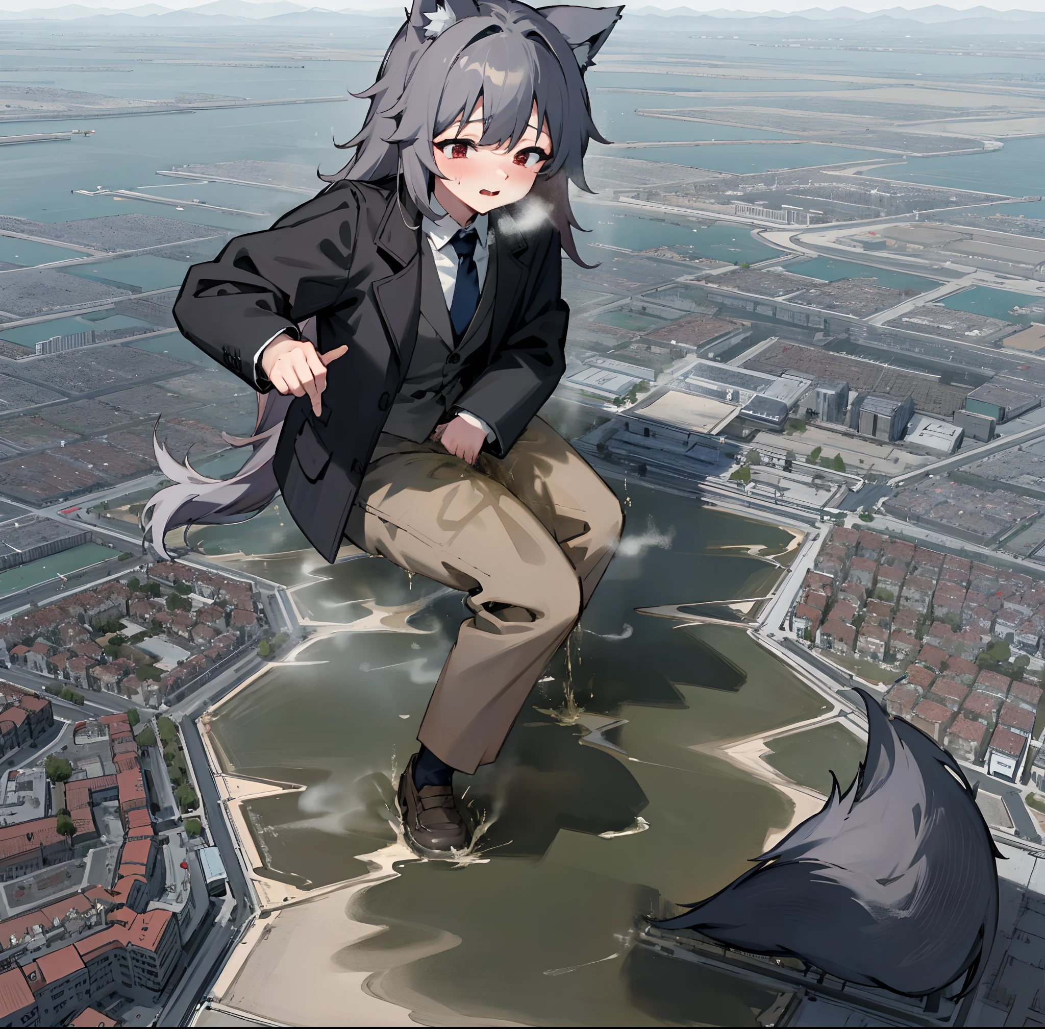 ，Clouds， view over city， mountain ranges， Masterpiece, Best quality, Highly detailed,Masterpiece,Best quality,offcial art,Extremely detailed Cg Unity 8K wallpaper，{{{Giantess}}}，Giant，1girll，modern miniature city，Peeing，No shoes，{Black stockings}，Black jacket with white shirt ，Blue tie，Dark gray hair，Wolf ears，Light red eyes，A cold expression，Be red in the face，Comfortable expression，diaper，pissing，urine，Nourishes urine，urine squirting，Urine emits steam，In modern miniature cities ，Tail，soaking feet，Contact viewers，white  panties，The feet emit steam，Smash the city，The city is full of urine，