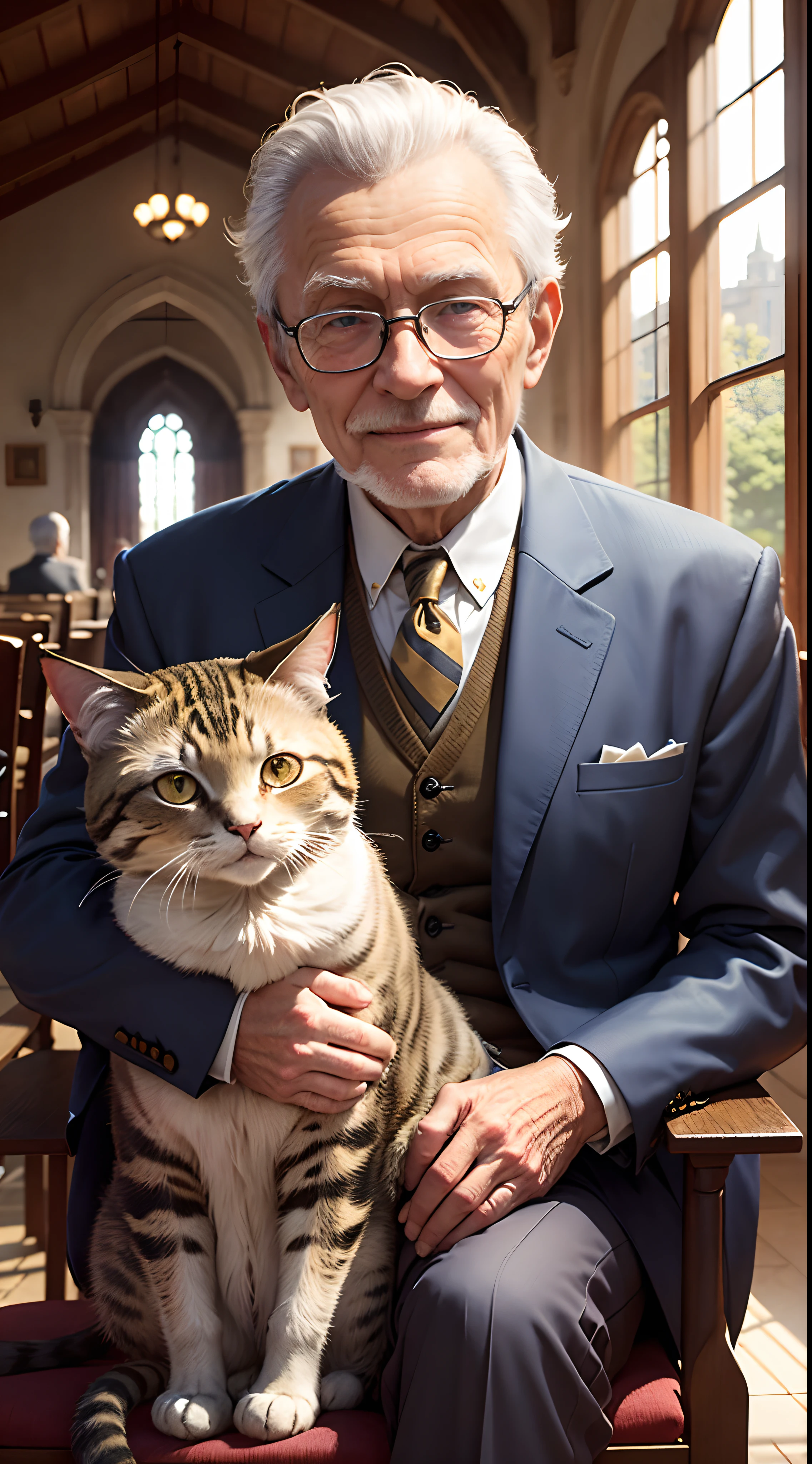 An old man in a suit holds a cute cat,Sit with a smile on your face,In the background is the castle hall