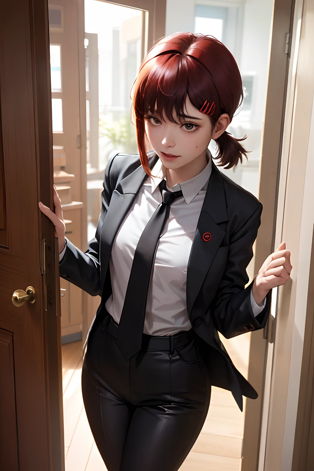 tmasterpiece，best qualtiy，ultra - detailed，illustratio，epic lighting，cinematic compositions，isometry，1girl，独奏，adolable，with brown eye，black color hair，sweeping bangs，single hair，red hair clips，blouse with a white collar，black necktie，Black pantsuit，formal，a captivating gaze，captivating posture，inside in room，office room，doors，Open the door，looking at viewert，peeking out upper body，Be red in the face，seduct smile，Shut your mouth，(8k:1.1),nakeness，black lence stockings，There is  in the mouth