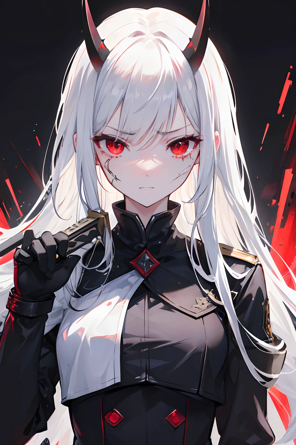 High Resolution, Detailed Face Features, Face Focused, Wallpaper, Outside, Public,Female, Assassin, Long White Hair, Black Gloves, Melee Weapon,Horns on Head,Small Chest, Uniform in random Color, Red Eyes, Pain, Tears, Revenge,