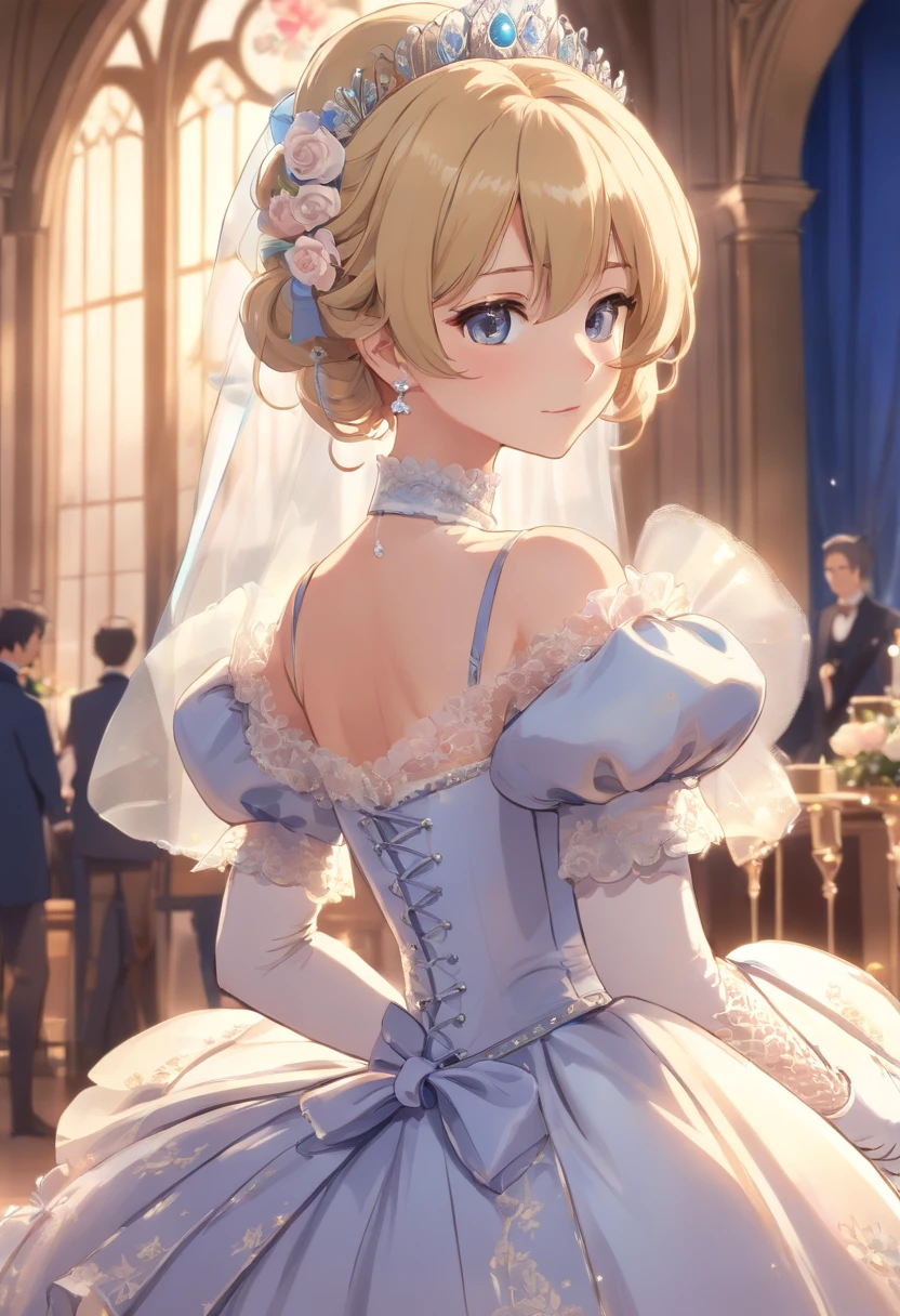A stunningly beautiful blonde fairytale Princess shining with Royal Pomp and Regal Splendor, wearing a Stately and (((Elaborate))) Royal Cinderella Wedding Dress of Silver and White Brocade, with (((enormous puffed sleeves))) a stiffly boned, padded and corseted bodice, an hourglass waist, a (((huge crinoline hoopskirt))) and (((bustle))), adorned with ribbons, bows, roses, lace, ruffles, frills, embroidery, and jewels, elaborately curled and styled hair, long white gloves, pearl and diamond necklace and earrings