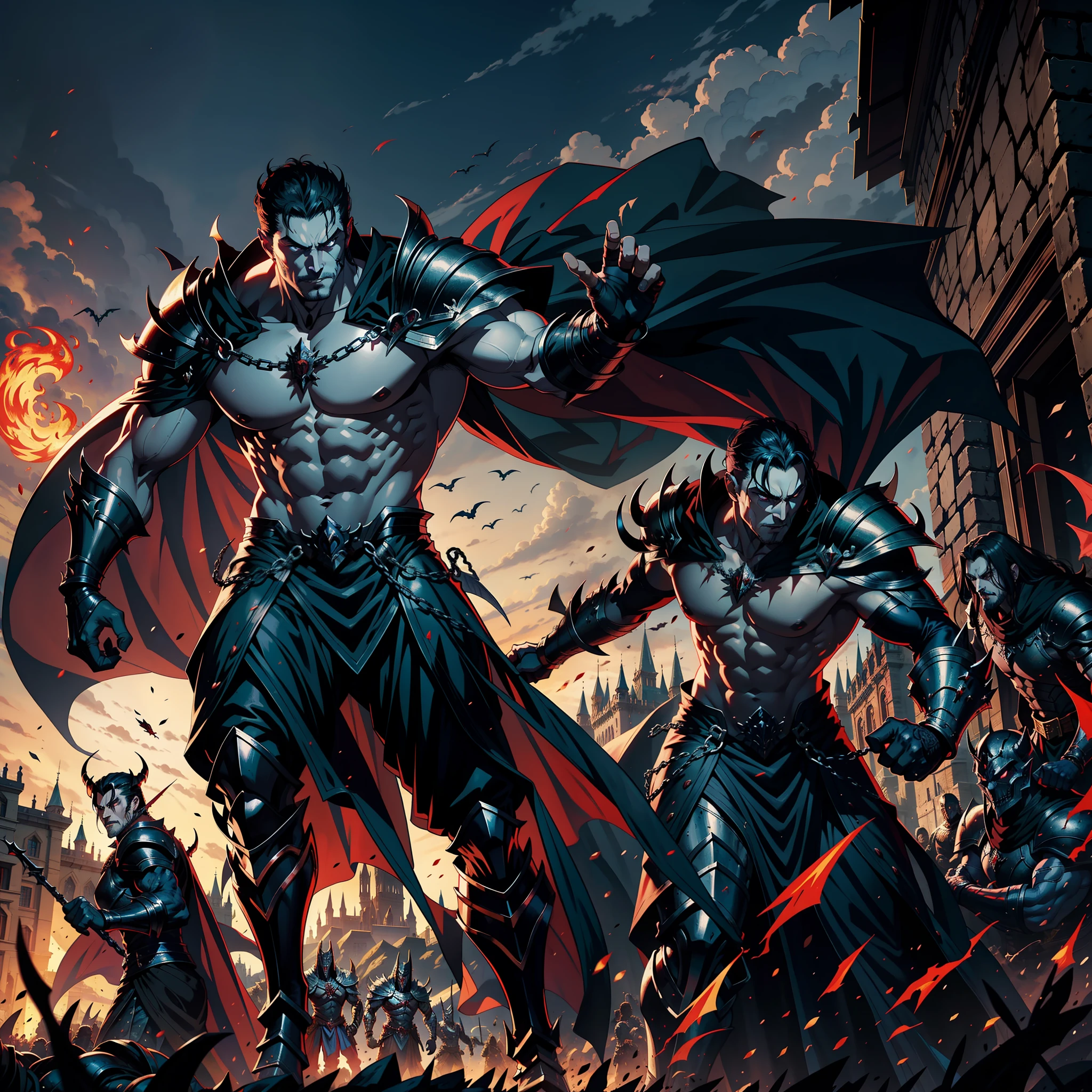 Lord Dracula muscular handsome medieval warrior returning to his castle Victorious with his troops demon armed at noon hyper realistic super detailed Dynamic shot centerpiece cinematic scene scenes movie Epic Legendary correct proportions Anatomy correct poses