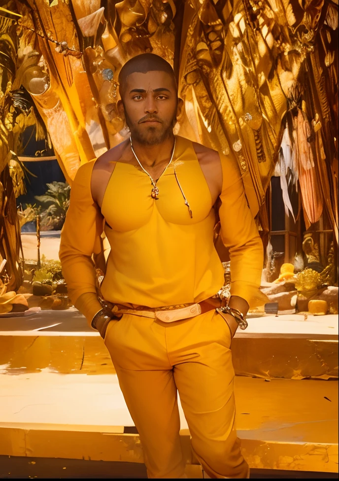 arafed man in a yellow robe with a beaded necklace and a necklace around his neck, hinduism, hindu aesthetic, attractive male deity, indian god, full body picture of a male monk, inspired by Kailash Chandra Meher, hindu stages of meditation, portrait of monk, hindu god, holy man looking at ground, indian master, monk meditate, serene expression