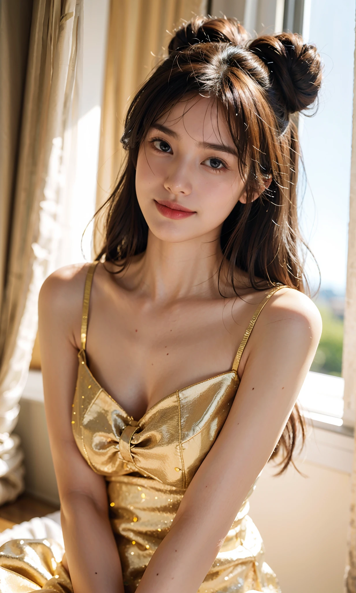 (Small lower chest,Tomboyish,small heads)),  (perfect bodies: 1.1), (short-length straight short hair:0.9),attractive collarbone，（极其细致的CG 8k壁纸），（Extremely refined and beautiful），（masterpiece），（best qualtiy:1.9），（超高分辨率:1.9），upper body，[A high resolution]，cheerfulness，Smile，Smooth and flawless fair skin，ultra - detailed ，Elongated legs，（Small breasts:1.1),Flat chest,Slim，emaciated，No bra,After bath,collar,(dishes on body:1.5),At home, in dinning room,Close shot,nightfall，warm light，a dinning table,(Several dishes on the table:1.3),(Lying flat on back on the dining table:1.3),Top down overhead camera perspective,cowboy shot