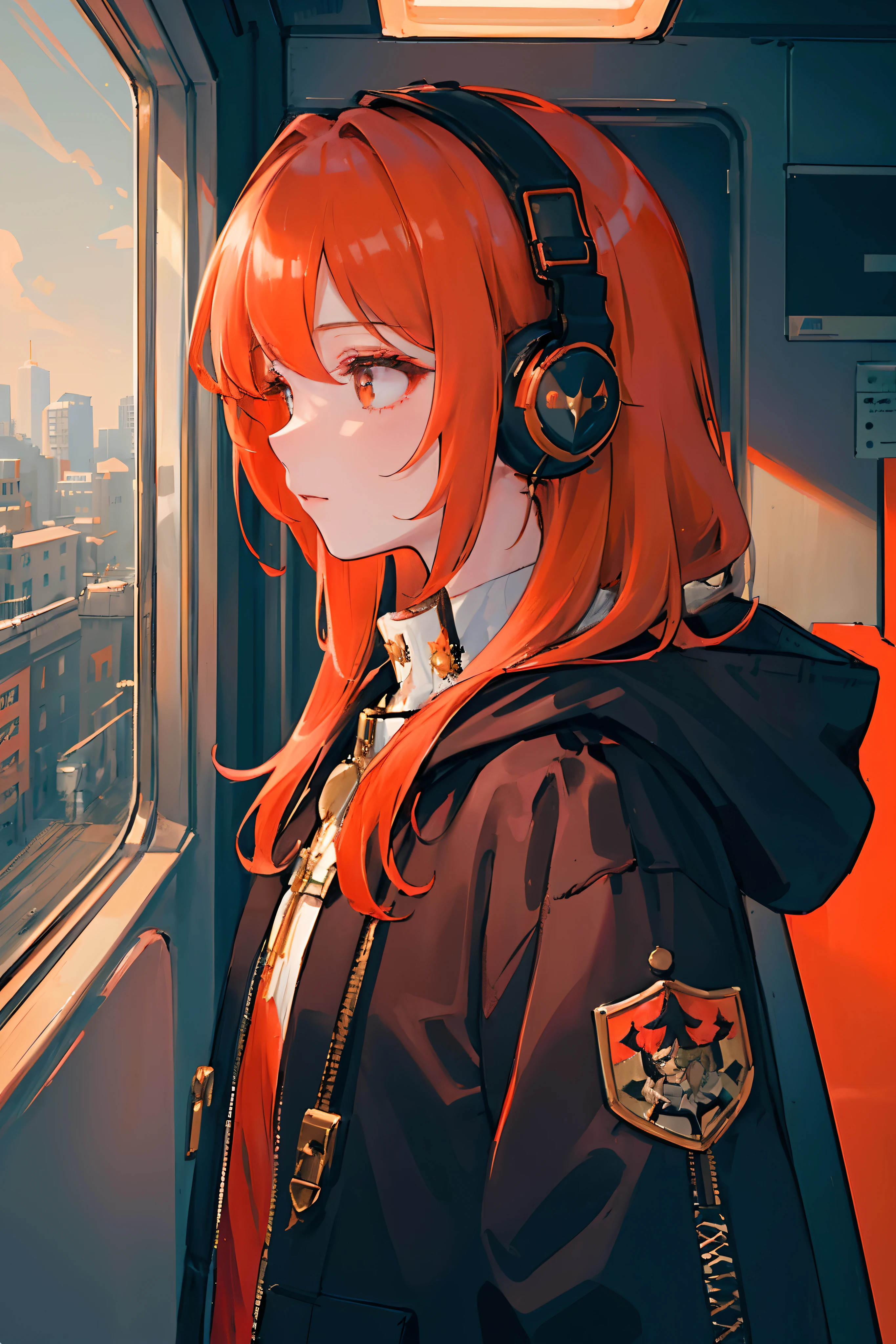 (masterpiece, sidelighting, ultra-detailed, finely detailed beautiful eyes: 1.2), 1girl, bag, building, from side, headphones, hood, hood down, hooded jacket, hoodie, jacket, long hair, orange hair, profile, red hair, solo, train, train interior, upper body, Masterpiece, best quality