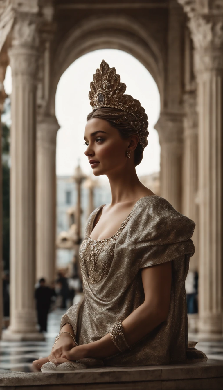 obra maestra, calidad superior, 8k, Miranda Kerr como estatua de marmol, Hoyuelos, cuerpo completo, brazos, piernas, rhinestone dress, fondo de templo griego