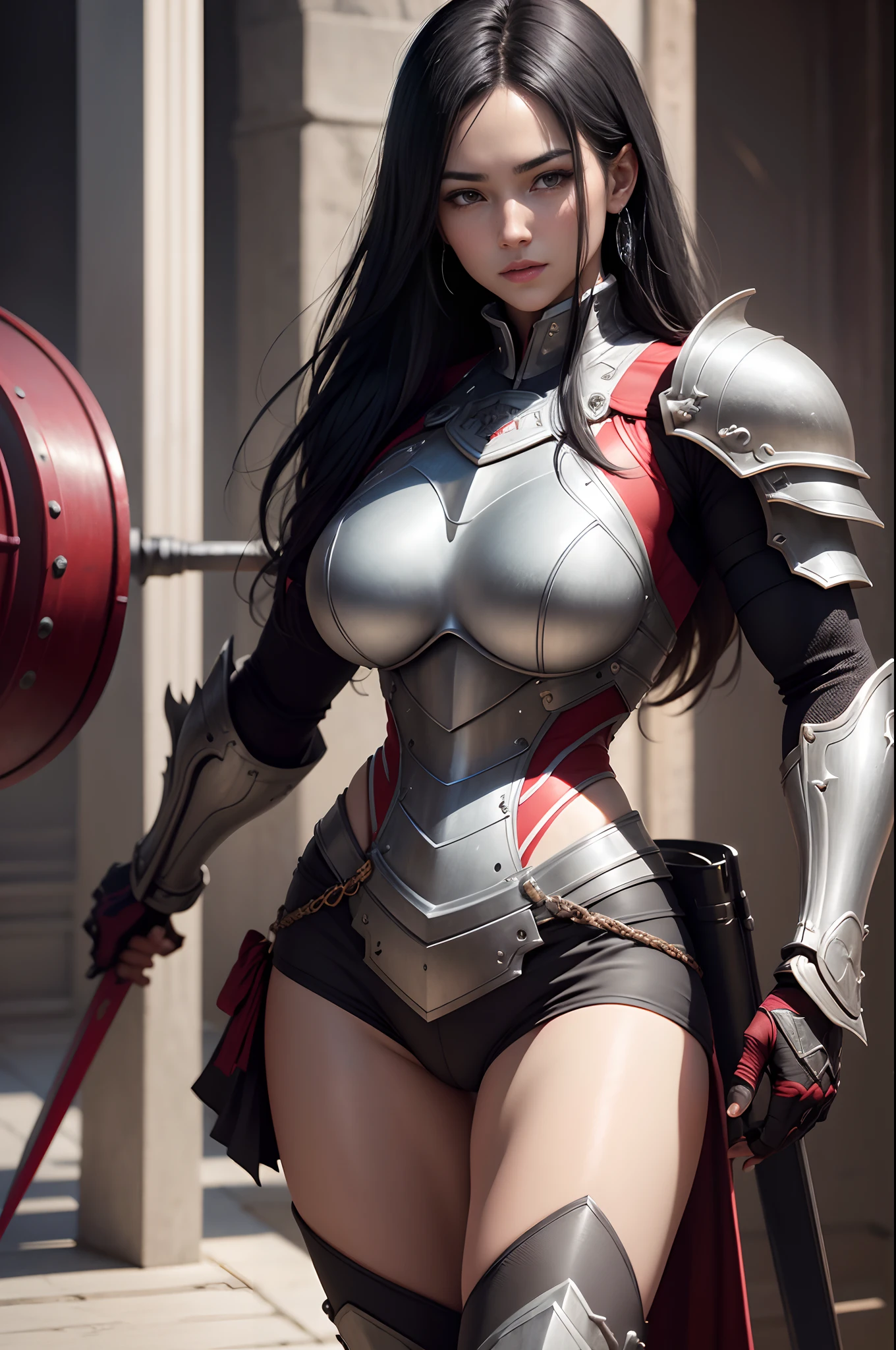 Warrior brunette, costume, plate armor, no pants, no pants, white panties, panties appearing, dark hair, wavy hair, realistic, D&D, sitting, cameltoe, legs open, legs apart, legs raised, pantyshot, Steel gauntlets, steel boots, steel breastplate, RAW,