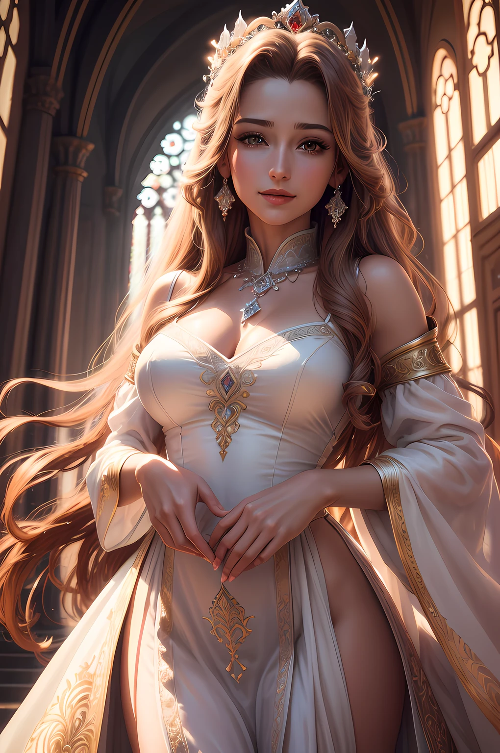 (highres, ultra-detailed, realistic:1.37), aerith, final fantasy, beautiful body, beautiful detailed eyes, detail-oriented nose, luscious red lips, long flowing hair, radiant smile, elegant crown, royal attire, intricate jewelry, graceful pose, enchanting expression, majestic church in the background, vibrant colors, soft lighting, regal atmosphere, atmospheric perspective, stunning landscape, floating clouds, magical aura, timeless beauty, intricate patterns, ethereal ambiance, striking contrast, dreamlike quality, cinematic composition, white dress, snow flake