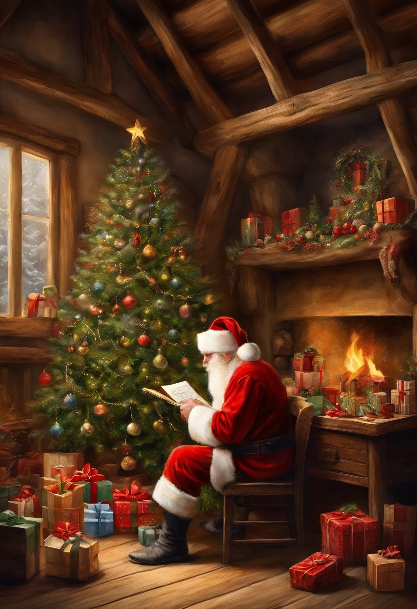 En una casa de estilo europeo,Santa Claus is looking at the gift list,Christmas tree gift decoration, santa, The floor is full of Christmas gifts,Very high resolution, Arte tradicional, Estudio Santa Claus, ultrahigh resolution, 插圖, Noche de Navidad, extremely high resolution, Santa Claus in a rural barn, Hyper Realisitc,exquisito、Mejor calidad、Ultra detallado、fin、Detalles de posicionamiento、Colorido colorido