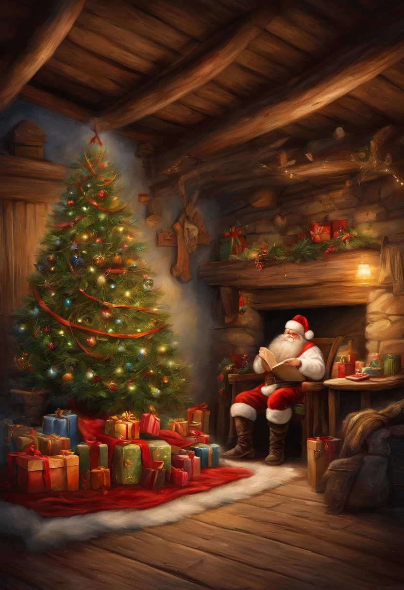 En una casa de estilo europeo,Santa Claus is looking at the gift list,Christmas tree gift decoration, santa, The floor is full of Christmas gifts,Very high resolution, Arte tradicional, Estudio Santa Claus, ultrahigh resolution, 插圖, Noche de Navidad, extremely high resolution, Santa Claus in a rural barn, Hyper Realisitc,exquisito、Mejor calidad、Ultra detallado、fin、Detalles de posicionamiento、Colorido colorido