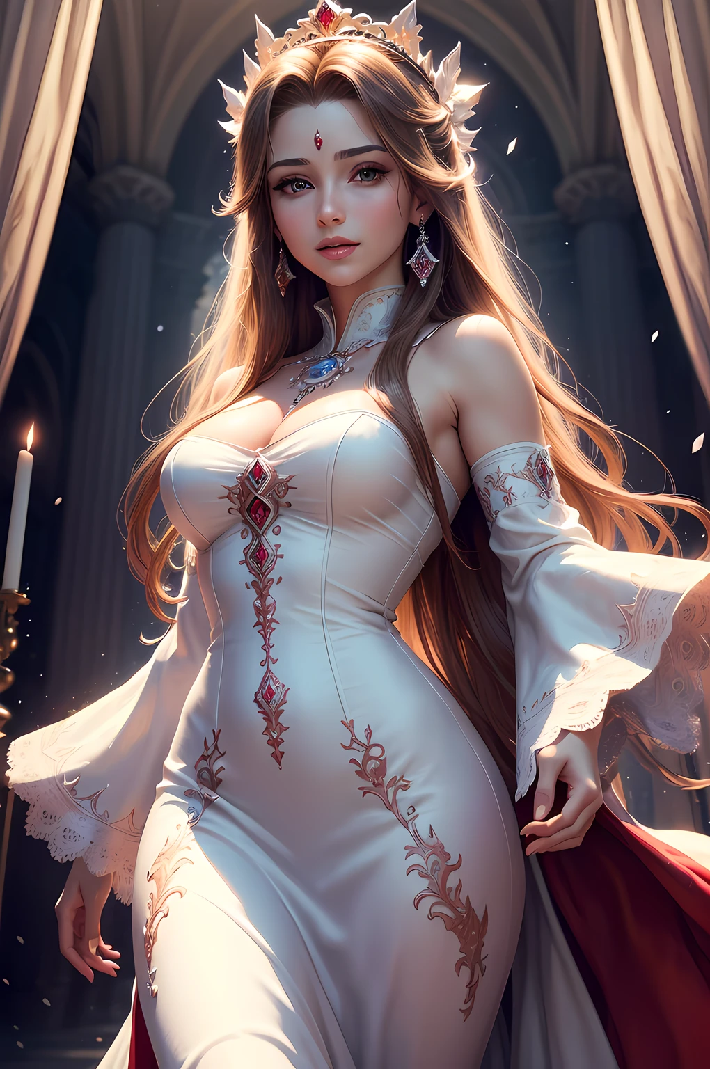 (highres, ultra-detailed, realistic:1.37), aerith, final fantasy, beautiful body, beautiful detailed eyes, detail-oriented nose, luscious red lips, long flowing hair, radiant smile, elegant crown, royal attire, intricate jewelry, graceful pose, enchanting expression, majestic church in the background, vibrant colors, soft lighting, regal atmosphere, atmospheric perspective, stunning landscape, floating clouds, magical aura, timeless beauty, intricate patterns, ethereal ambiance, striking contrast, dreamlike quality, cinematic composition, white dress, snow flake