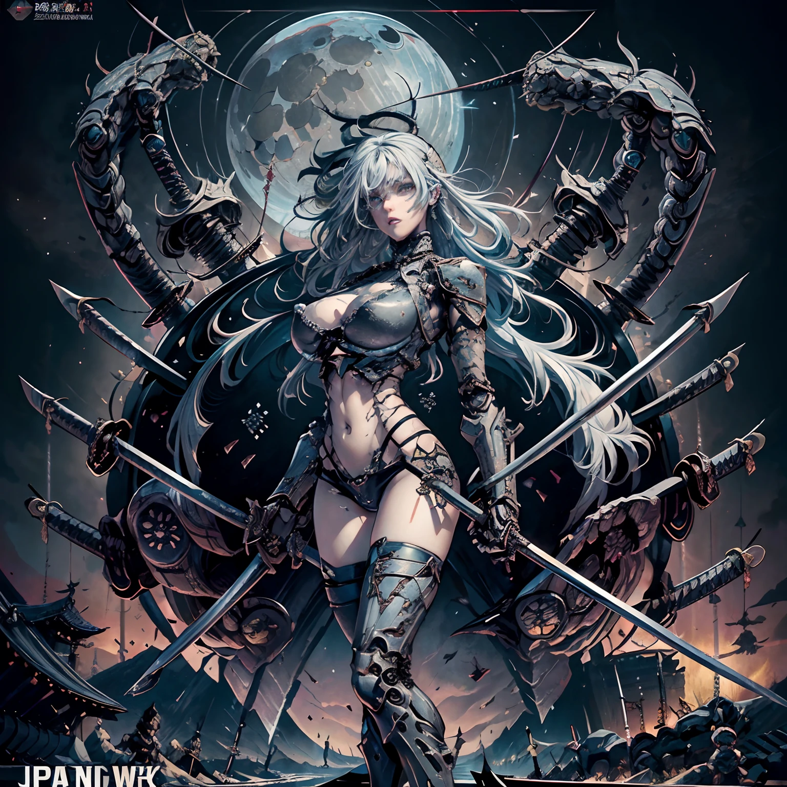 Cinematic lighting,super detailed skin、Beautiful detailed eyes、Best Quality,cyberpunked,(Alternative、dim colors, Soothing tones:1.3),(Giant Giant Soldier:1.5)、NSFW(1beautiful woman、Detailed beautiful facial features:1.3)(well-shaped breasts、Arms and legs are mechanical、Ripped clothes:1.5).(Possession of modified Japan swords:1.8)（Wearing the Devil's Mask:2.0）（pov from down:1.8）Predawn sky、Destroyed coast、(Mechanical Moon:1.2)