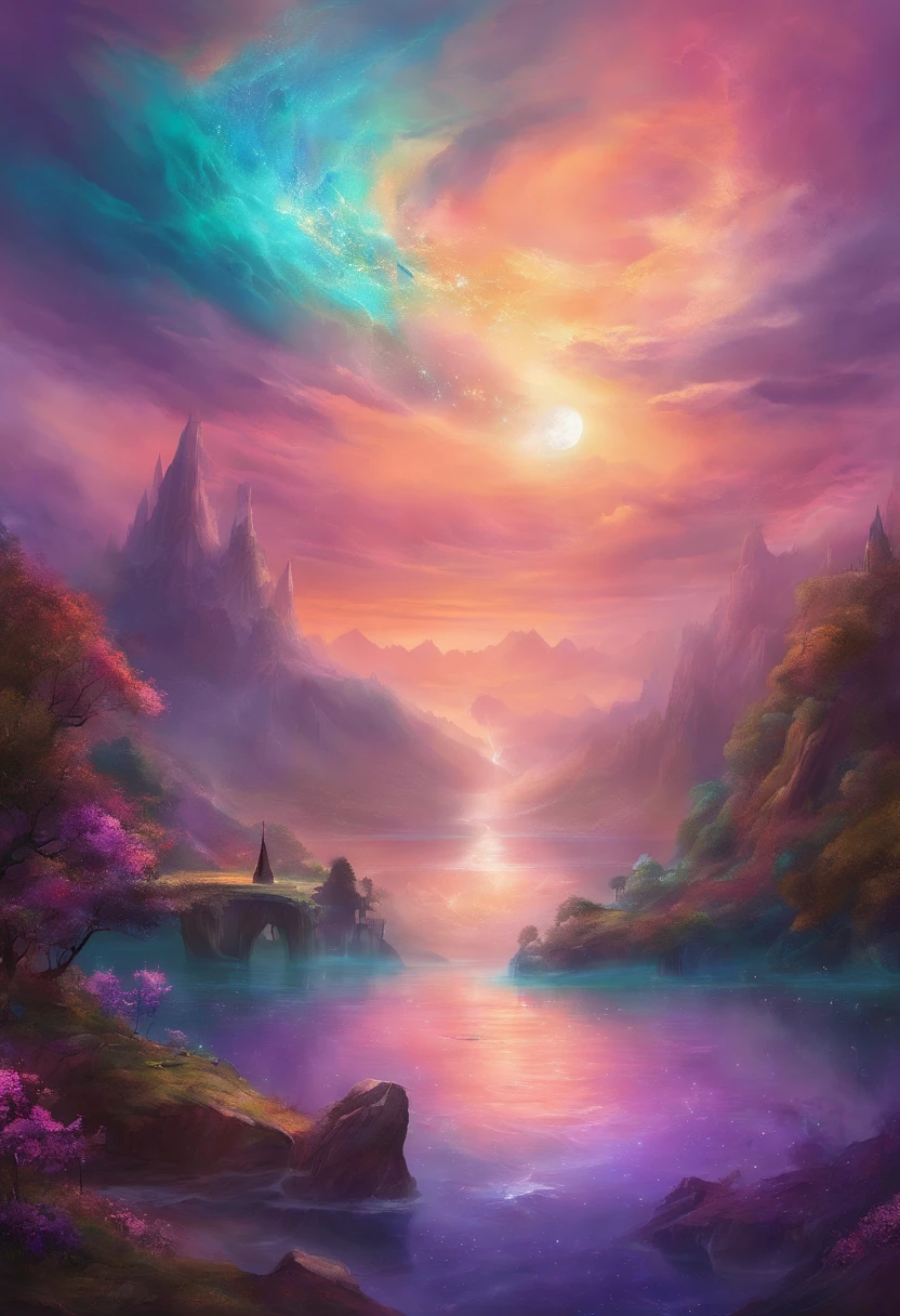 A vast expanse of swirling violet and teal skies, adorned with floating islands of elemental essence, cradles a world where air, fire, water, and earth converge, a realm where harmony and mastery of the elements are etched into the very fabric of Vryndara's breathtaking landscape.