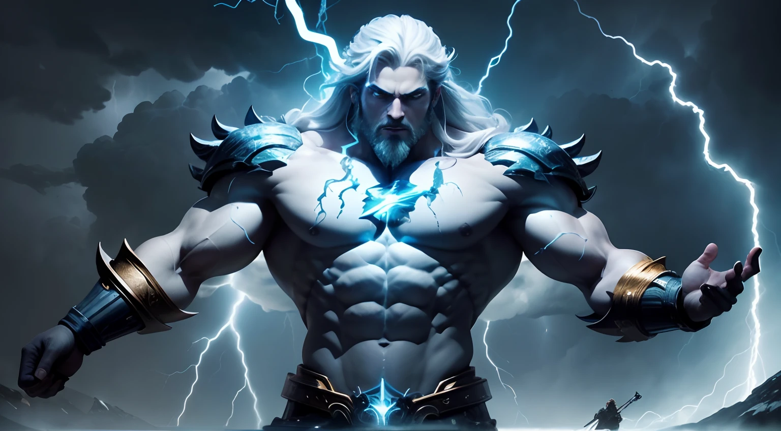 Create a powerful image of Zeus wielding his lightning and thunder in the middle of an epic storm. Dark clouds swirl around him as lightning cuts through the sky. Your face is determined, And his gaze focuses on one of the titans, representando a intensidade da batalha.