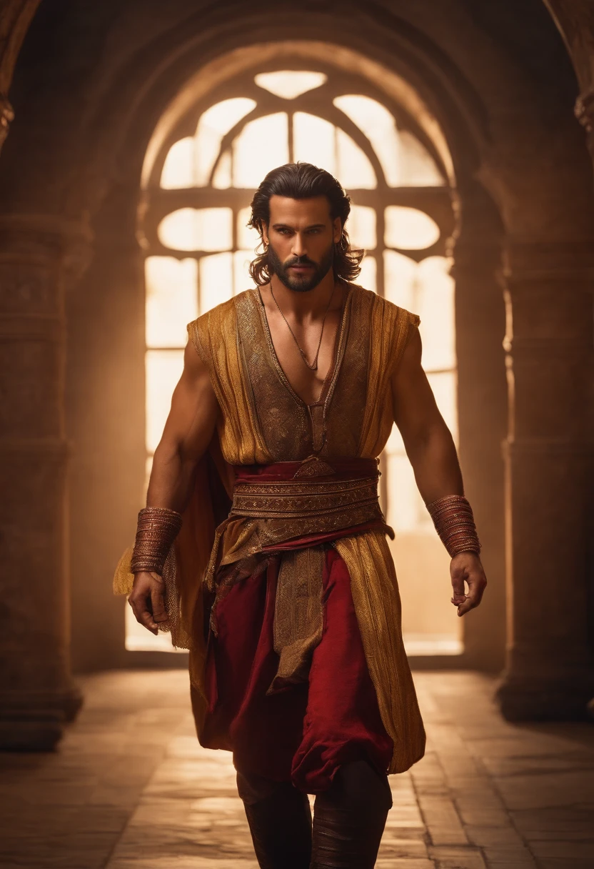 Absalom, filho do Rei Davi, homem formoso e de cabelos longos, usando vestes masculinas tradicionais do Antigo Testamento, imagem ultraealista.